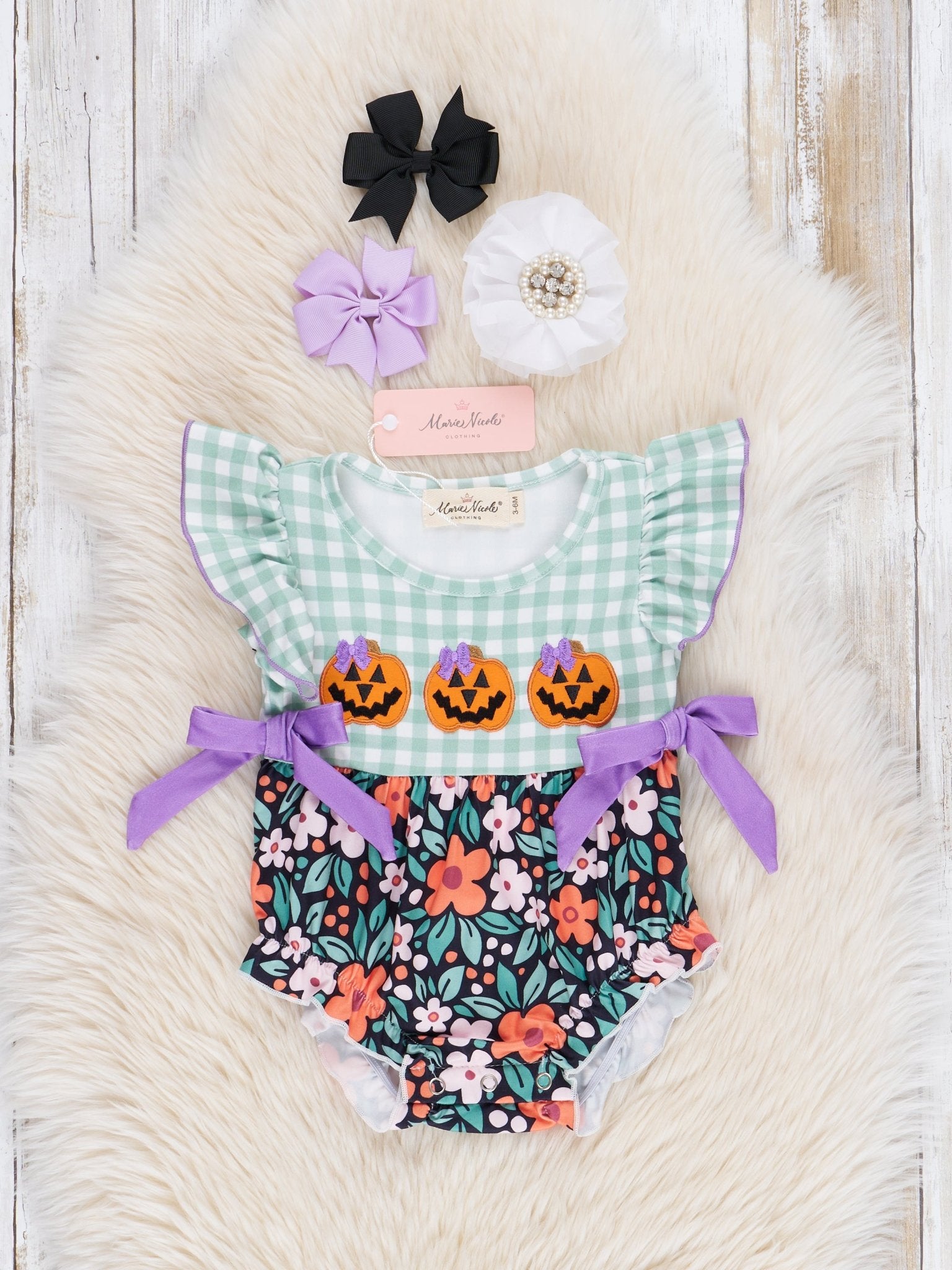 Jack - o - Lantern Florals Ruffle Bubble Romper - Marie Nicole Clothing