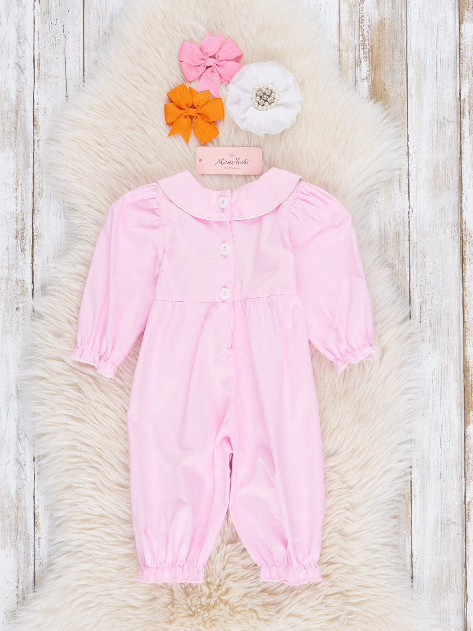 Pink Cotton Pumpkin Truck Smocked Romper - Marie Nicole Clothing
