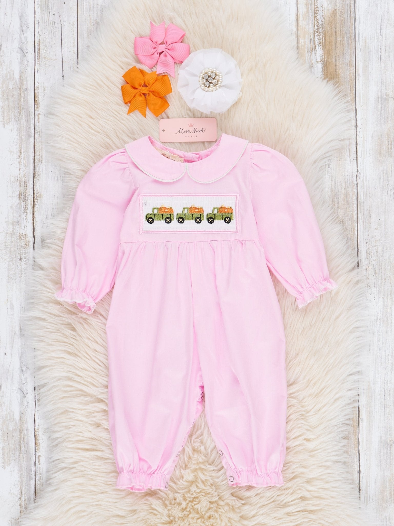 Pink Cotton Pumpkin Truck Smocked Romper - Marie Nicole Clothing