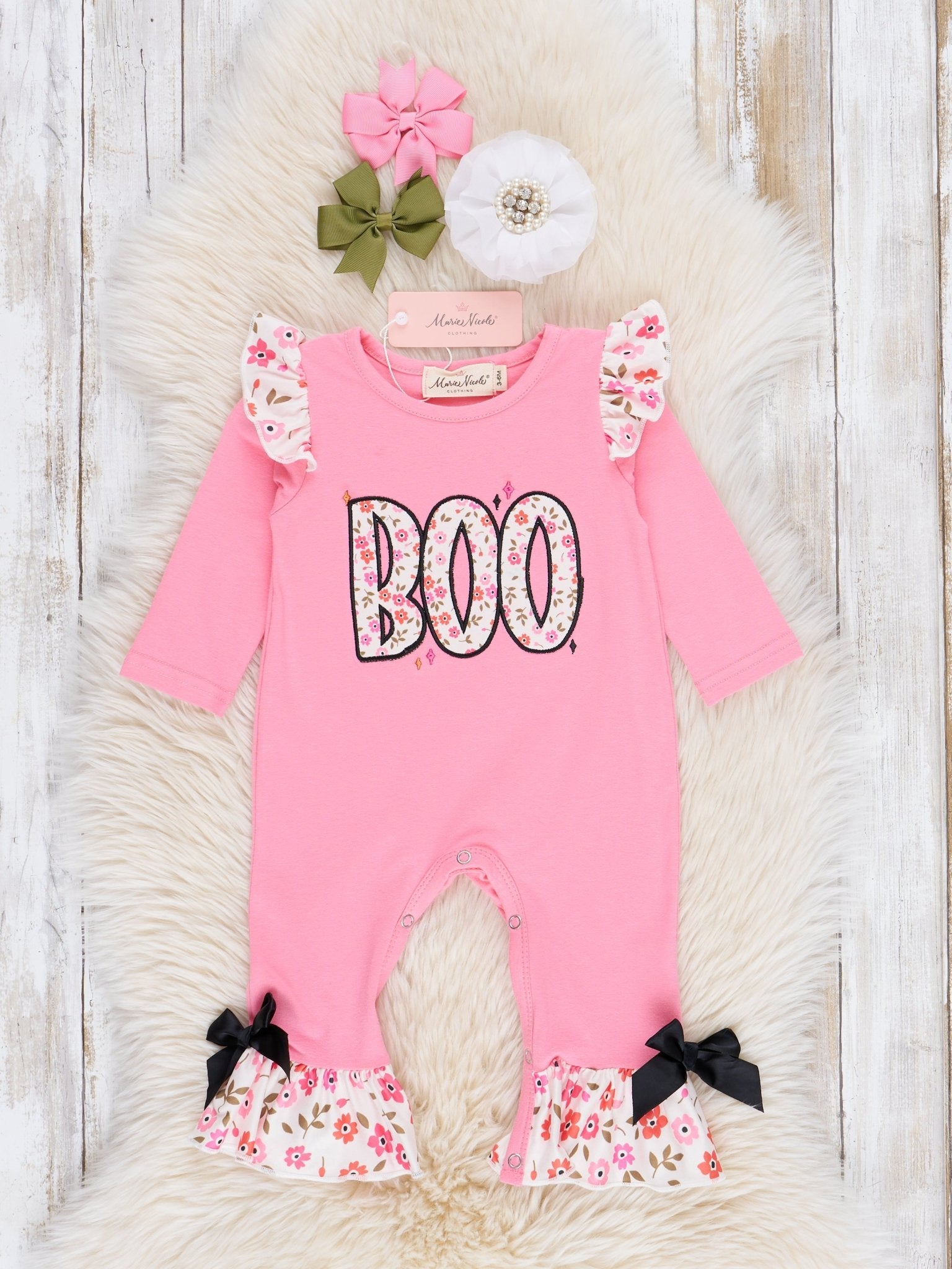 Bright Pink Floral "Boo" Ruffle Romper - Marie Nicole Clothing