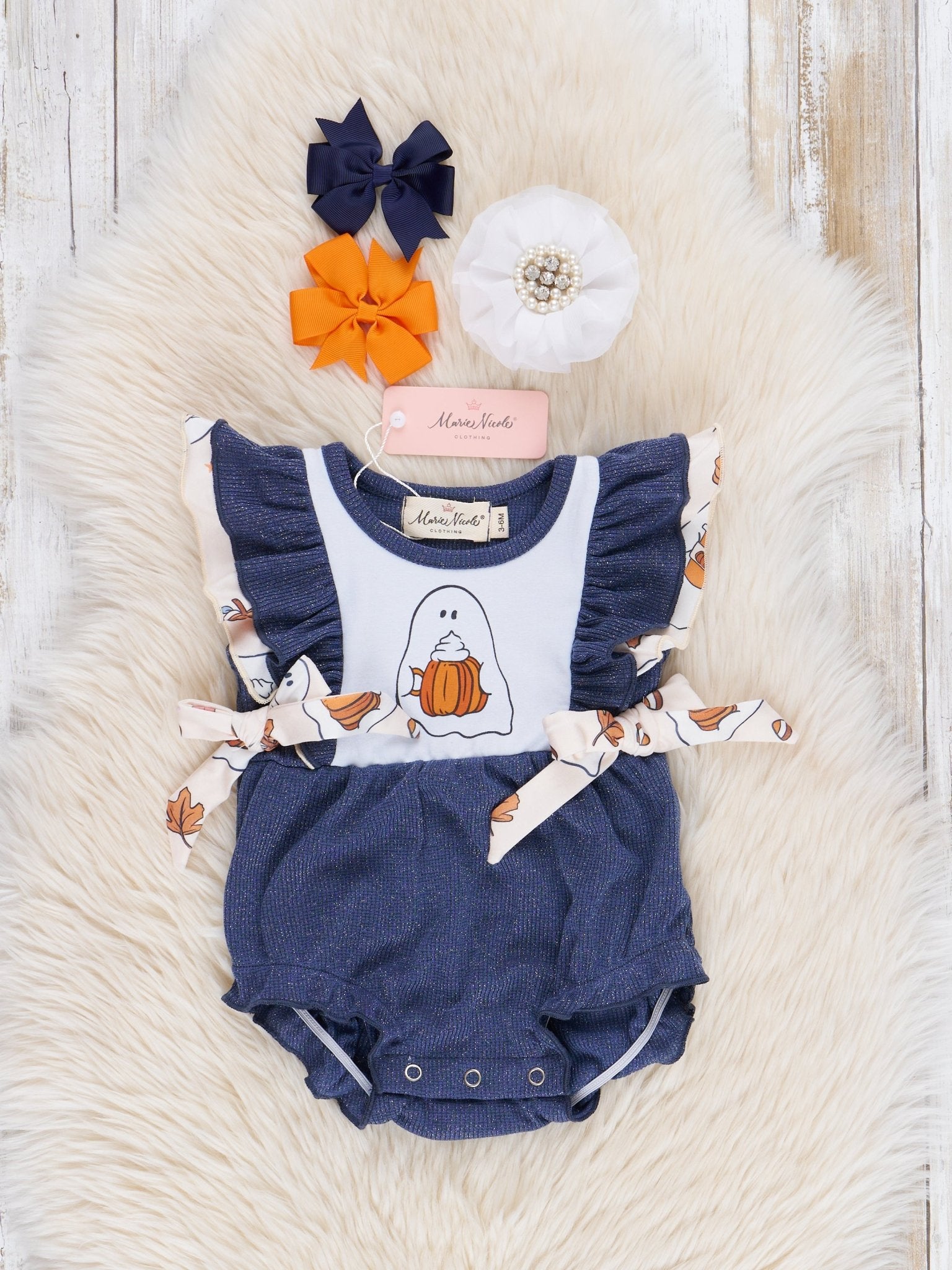 Pumpkin Spice Ghost Ruffle Bubble Romper - Marie Nicole Clothing