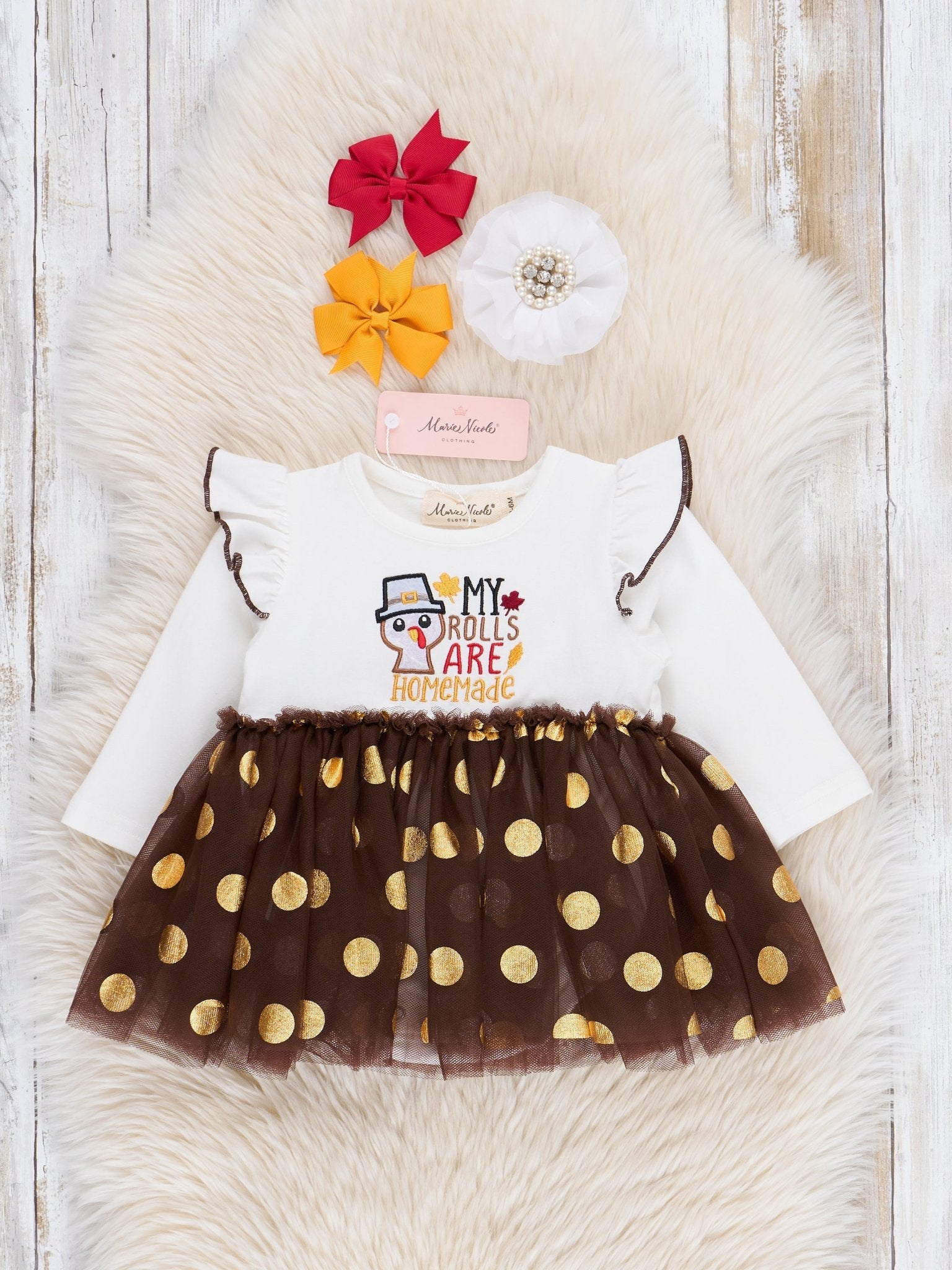 Brown & Gold Dots "Homemade Rolls" Tulle Bubble Romper - Marie Nicole Clothing