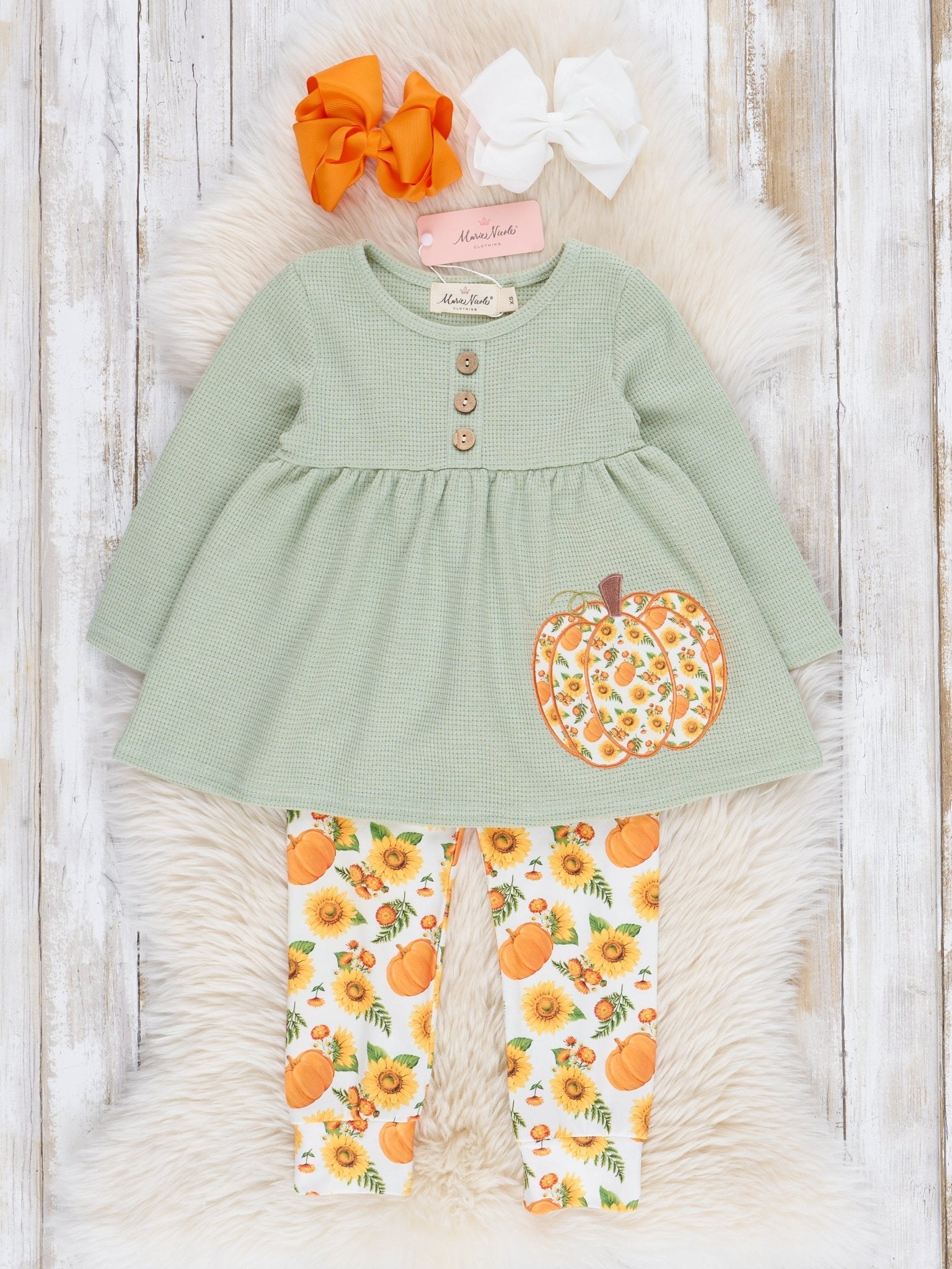 Sage Floral Pumpkin Lace Ruffle Outfit - Marie Nicole Clothing