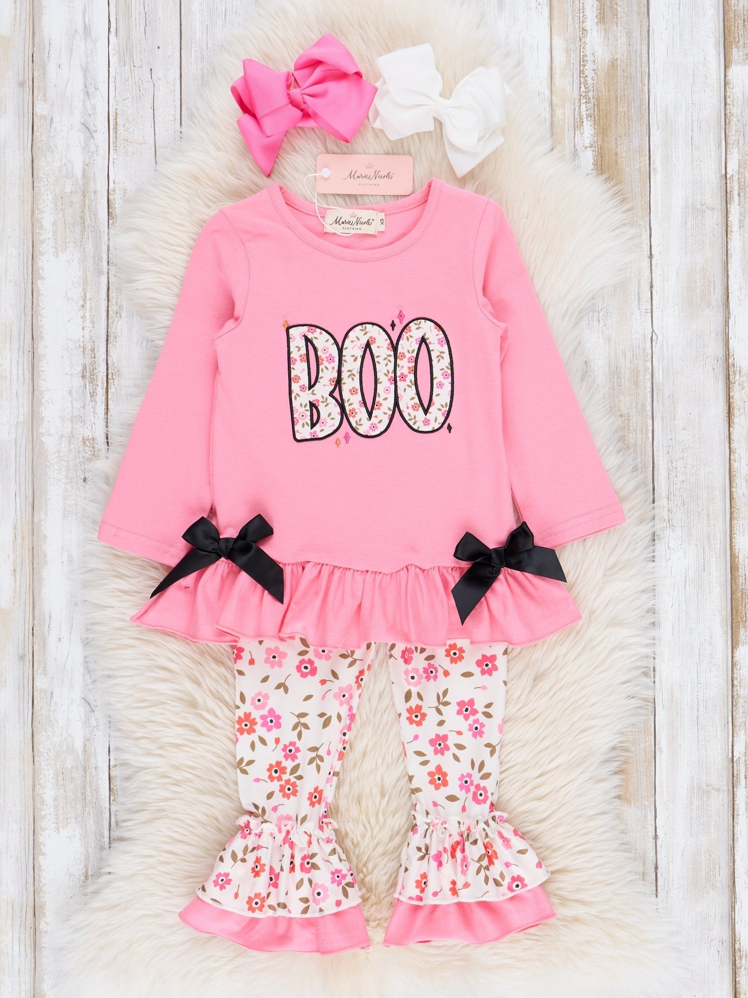 Bright Pink Floral "Boo" Ruffle Outfit - Marie Nicole Clothing