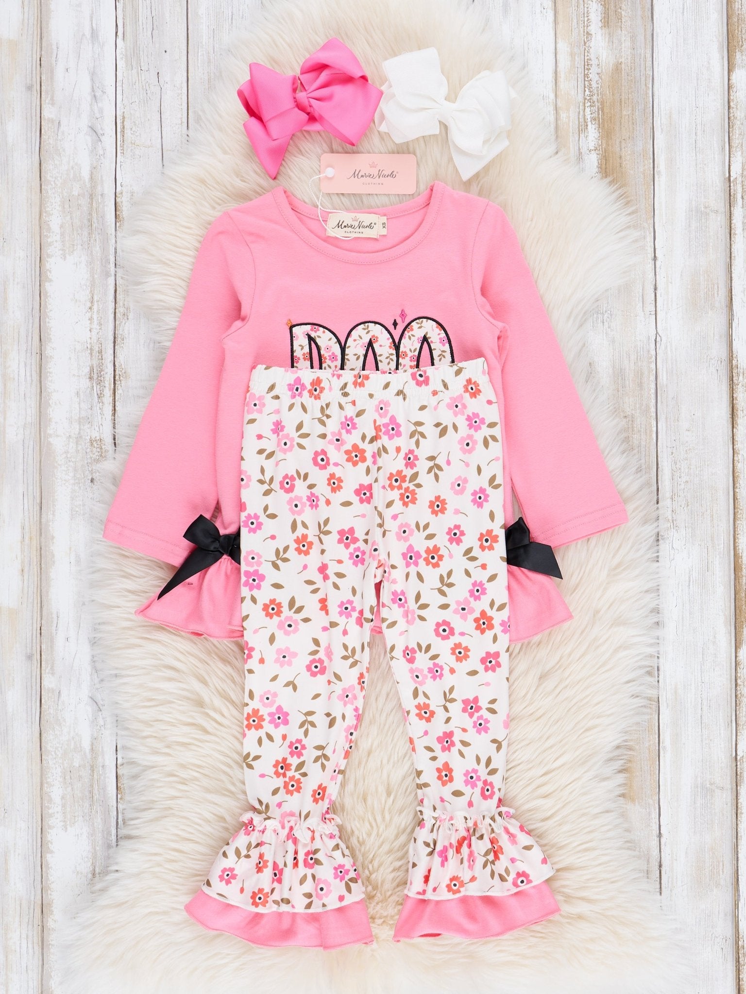 Bright Pink Floral "Boo" Ruffle Outfit - Marie Nicole Clothing