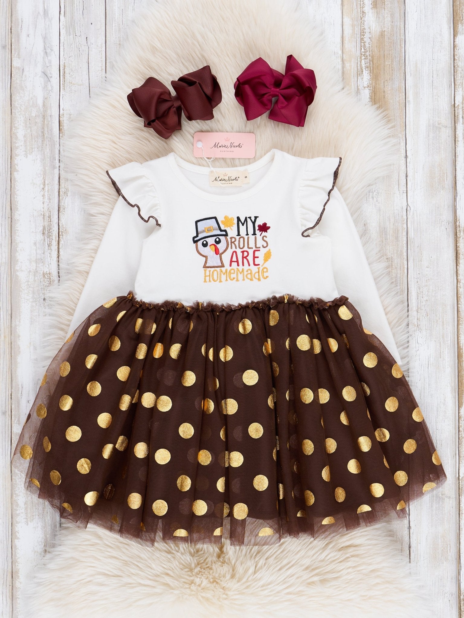 Brown & Gold Dots "Homemade Rolls" Tulle Dress - Marie Nicole Clothing