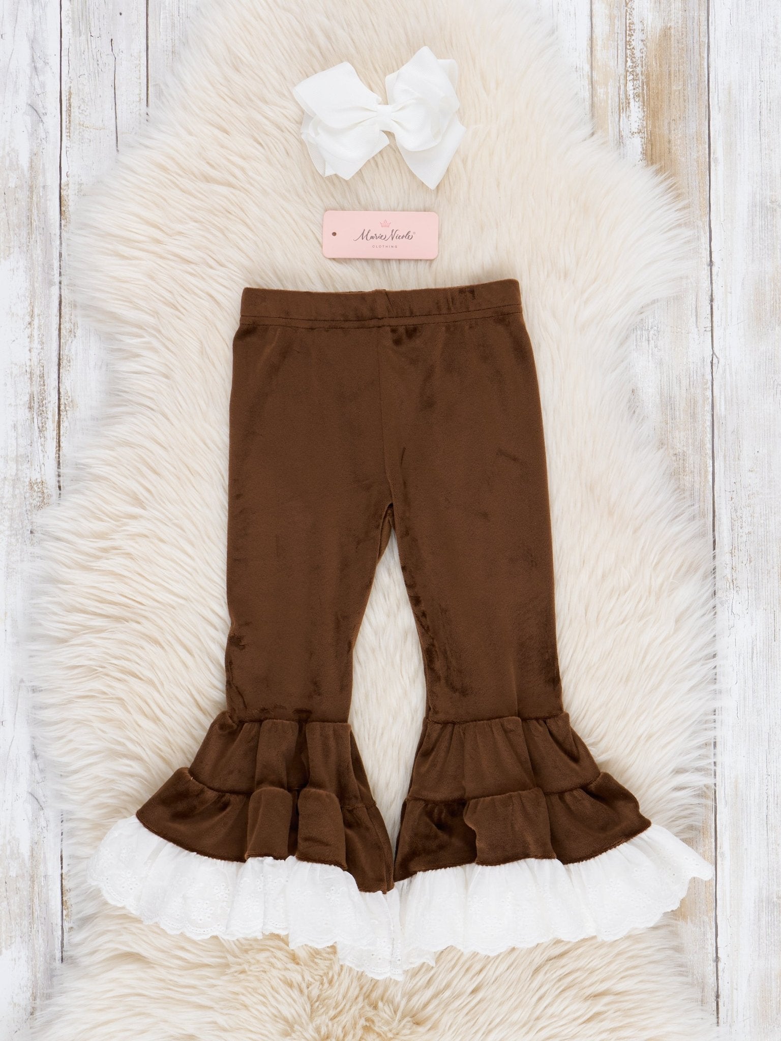 Chocolate Velvet Lace Hem Bell Bottoms - Marie Nicole Clothing