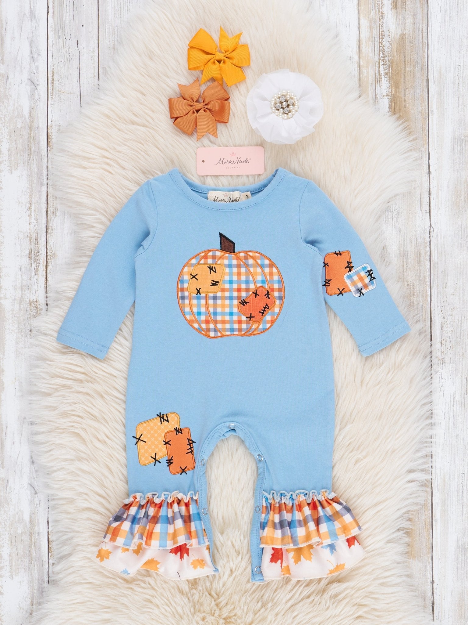 Soft Blue & Orange Gingham Patch Ruffle Romper - Marie Nicole Clothing