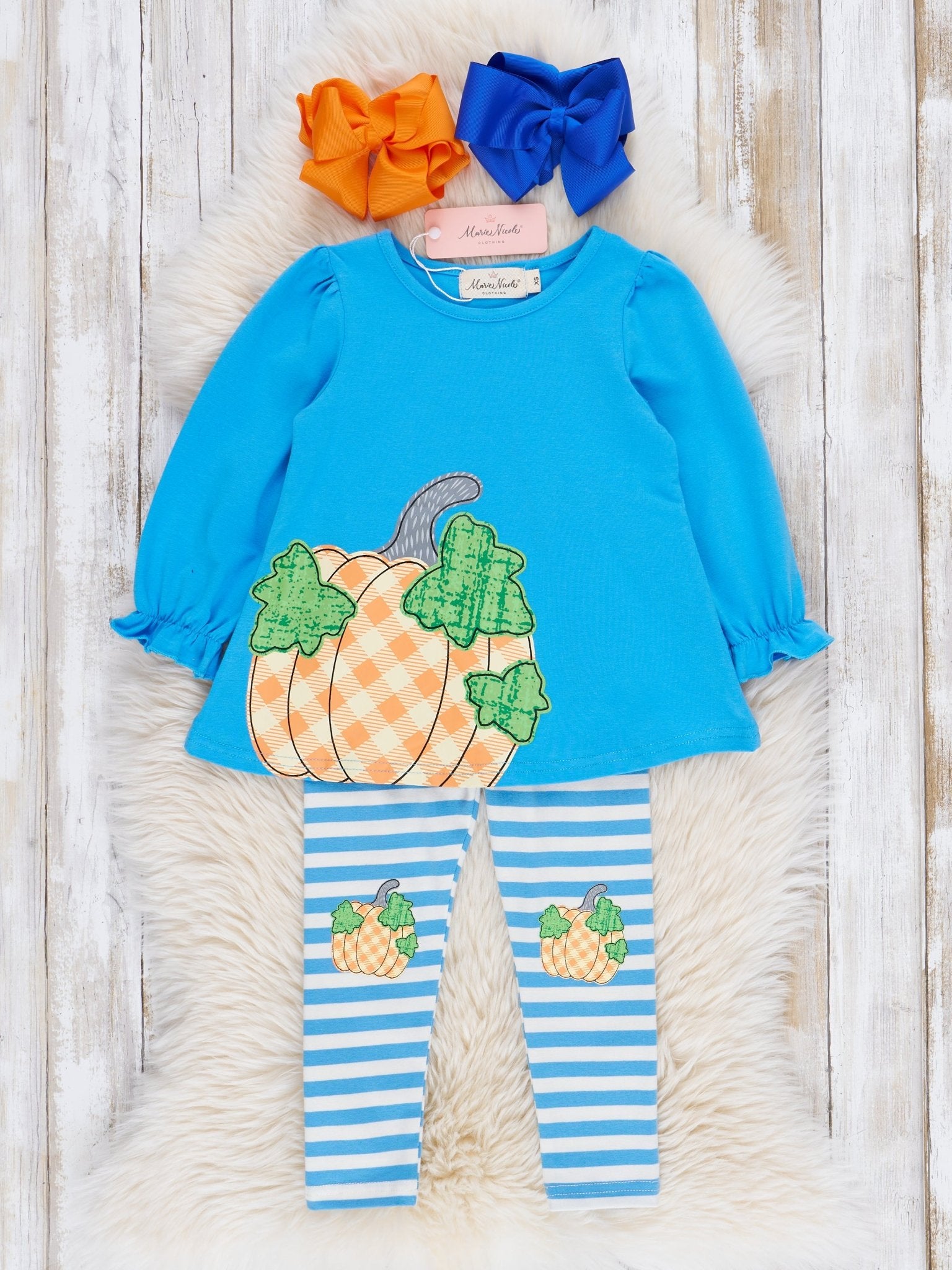 Cobalt Striped Gingham Pumpkin Outfit - Marie Nicole Clothing