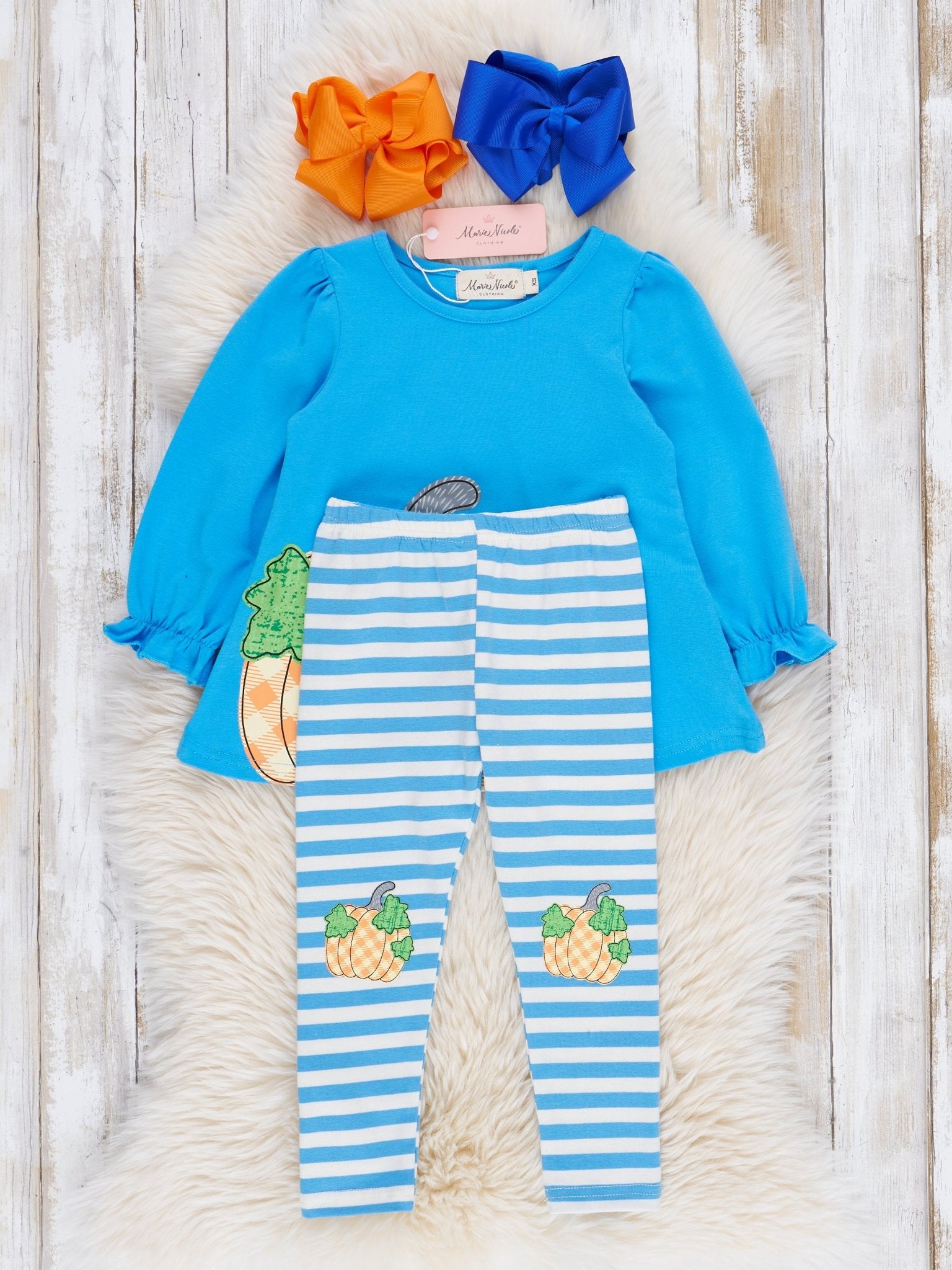 Cobalt Striped Gingham Pumpkin Outfit - Marie Nicole Clothing