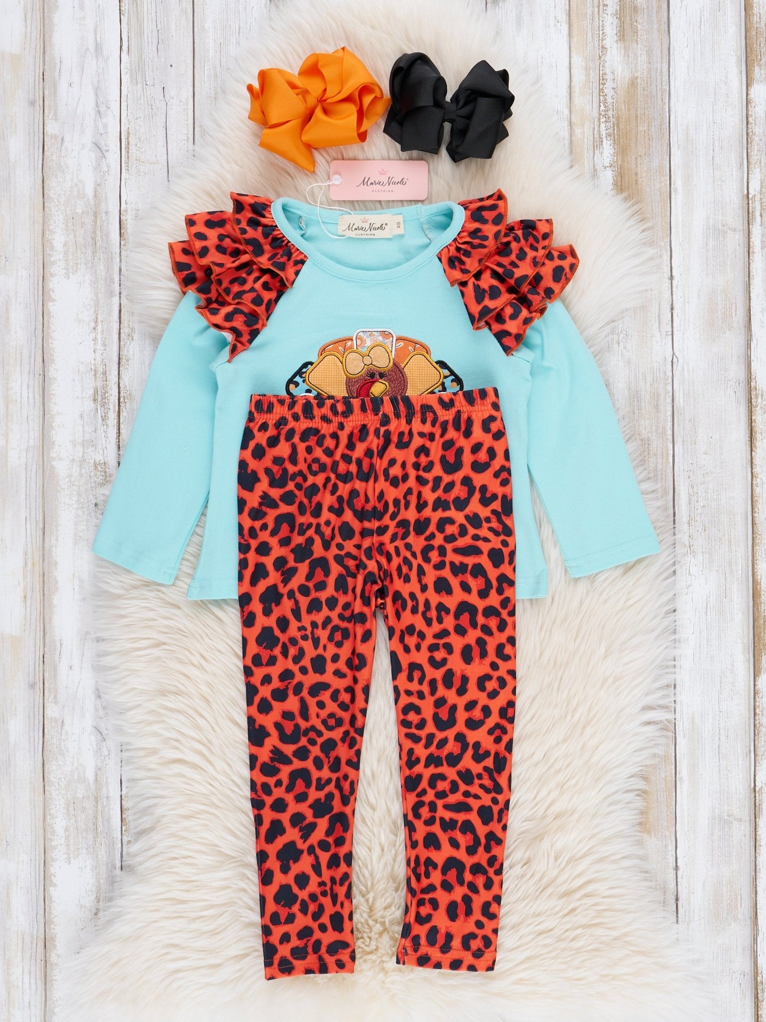 Aqua & Leopard Embroidered Turkey Ruffle Outfit - Marie Nicole Clothing