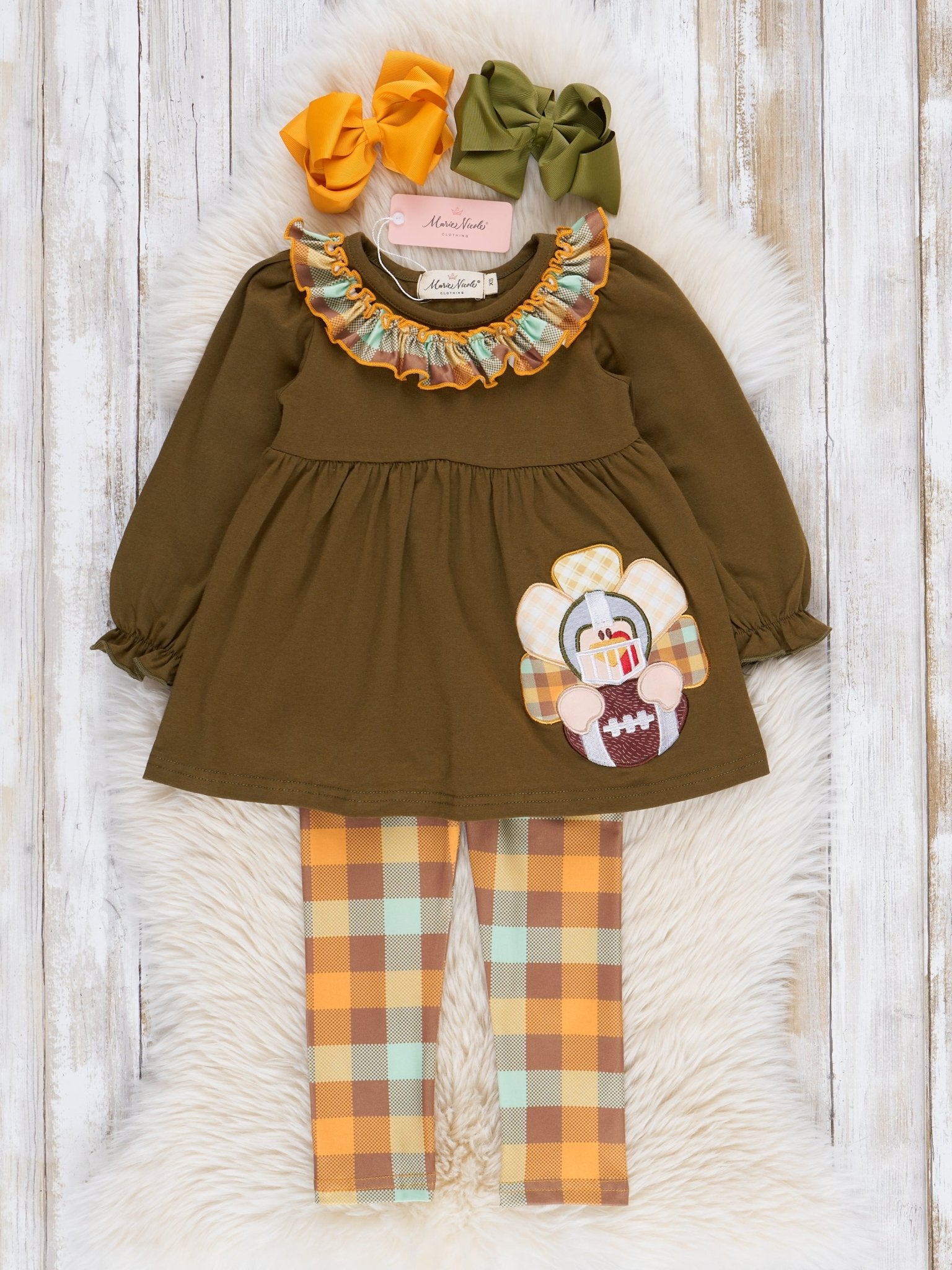 Olive Embroidered Turkey Ruffle Outfit - Marie Nicole Clothing