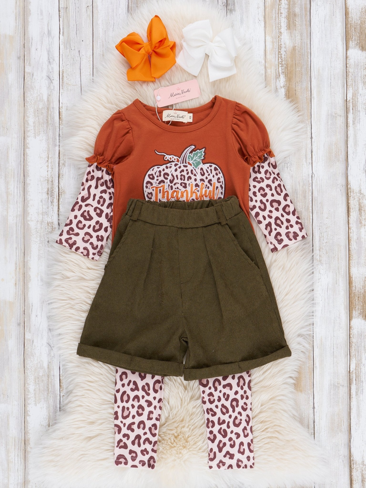 Bronze & Olive Leopard Pumpkin Suede Outfit w/ Shorts - Marie Nicole Clothing