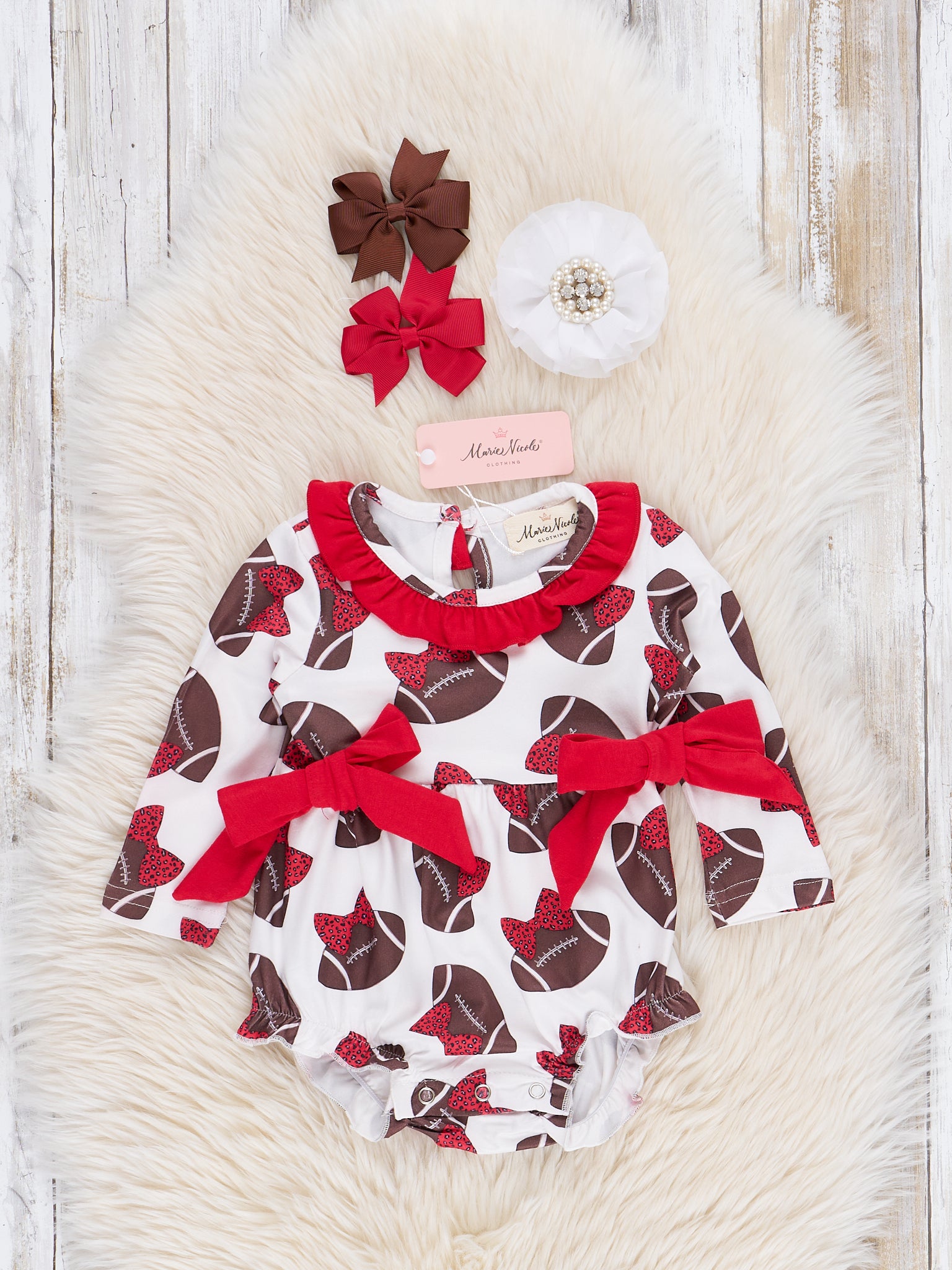 Red Football Bows Ruffle Bubble Romper - Marie Nicole Clothing