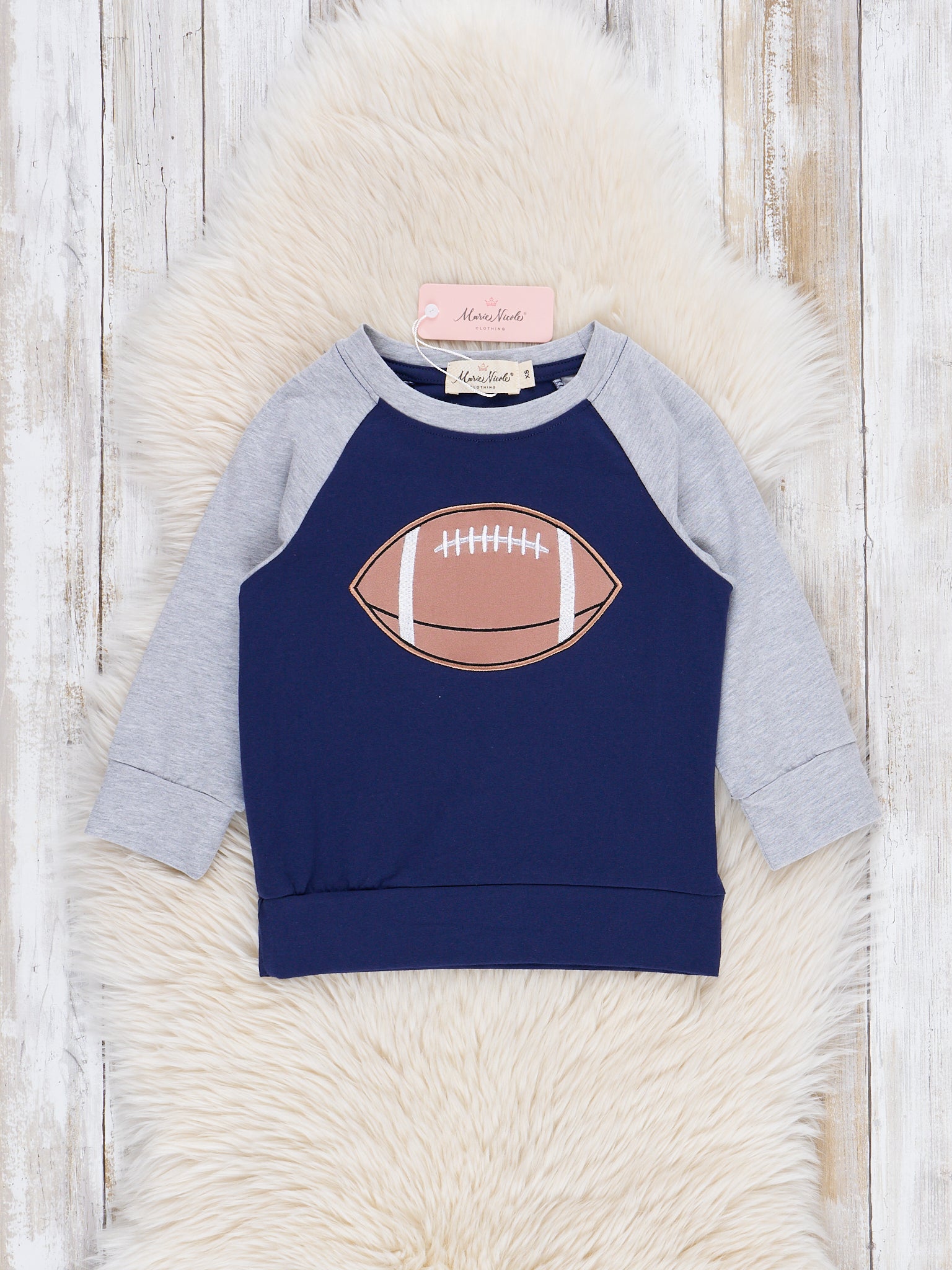 Grey Raglan Embroidered Football Shirt - Marie Nicole Clothing