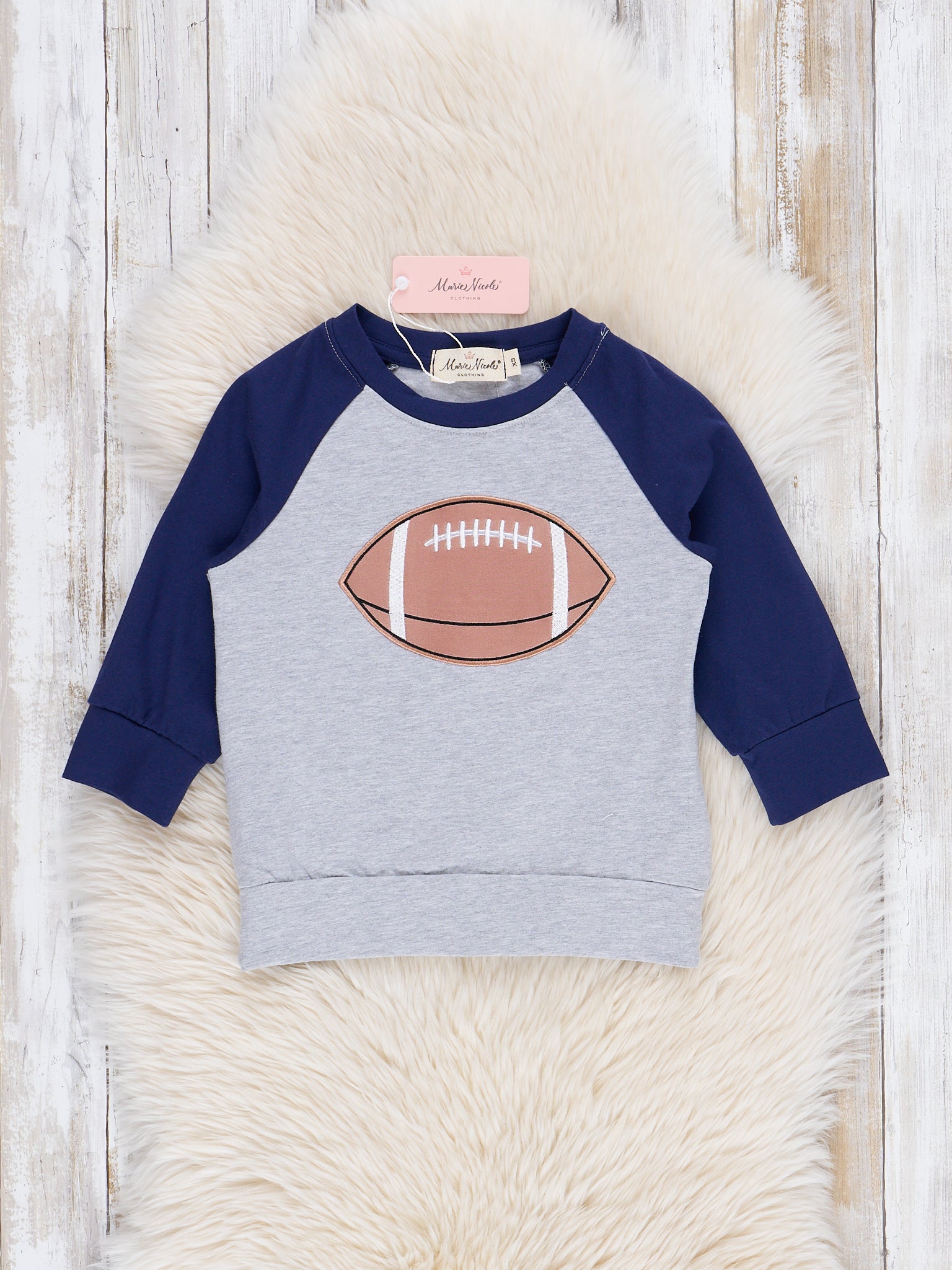 Blue Raglan Embroidered Football Shirt - Marie Nicole Clothing