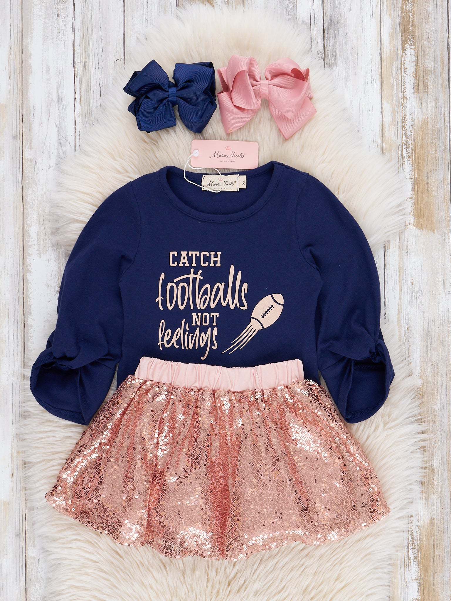 Navy & Rose Gold Sequins Football Outfit w/ Skirt - Marie Nicole Clothing
