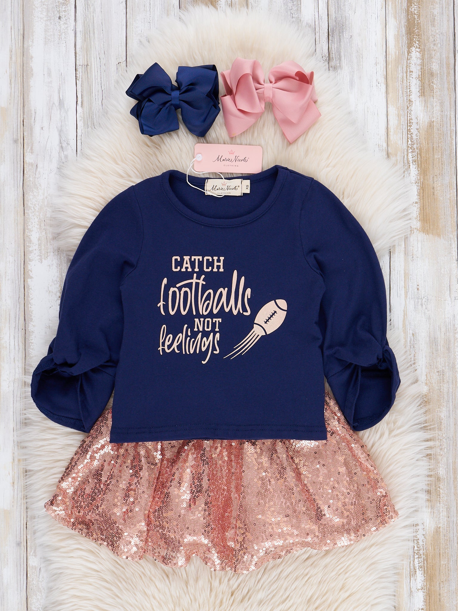 Navy & Rose Gold Sequins Football Outfit w/ Skirt - Marie Nicole Clothing