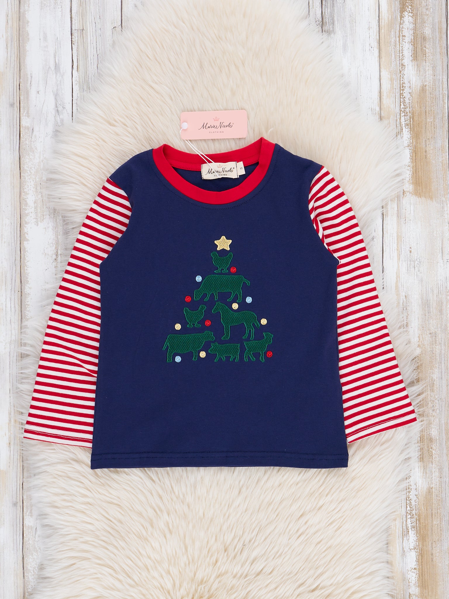 Navy & Red Stripe Embroidered Tree Raglan Shirt - Marie Nicole Clothing