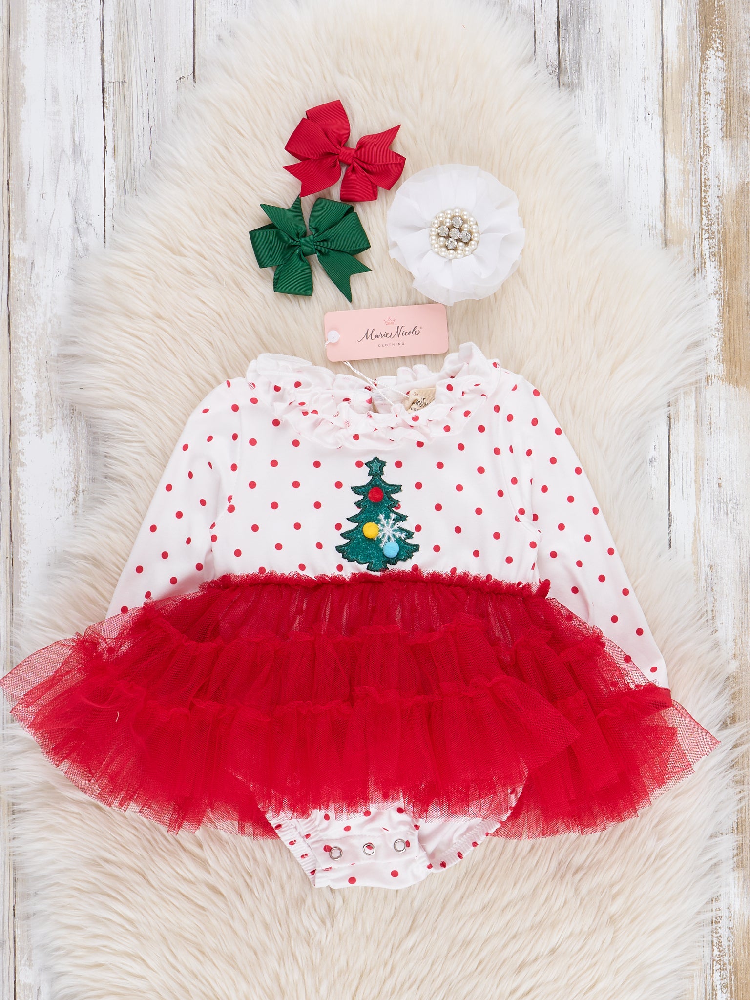 Red Embroidered Christmas Tree Tulle Bubble Romper - Marie Nicole Clothing