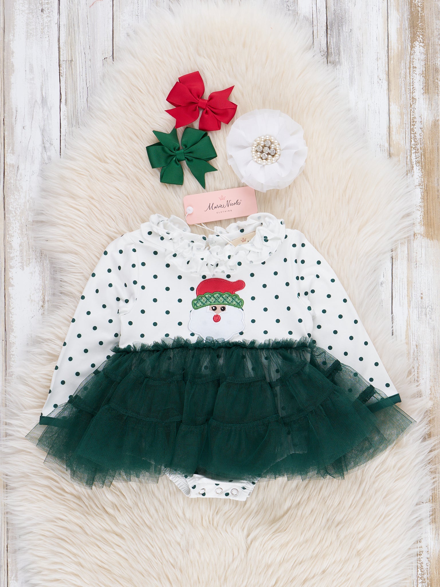 Green Embroidered Santa Tulle Bubble Romper - Marie Nicole Clothing