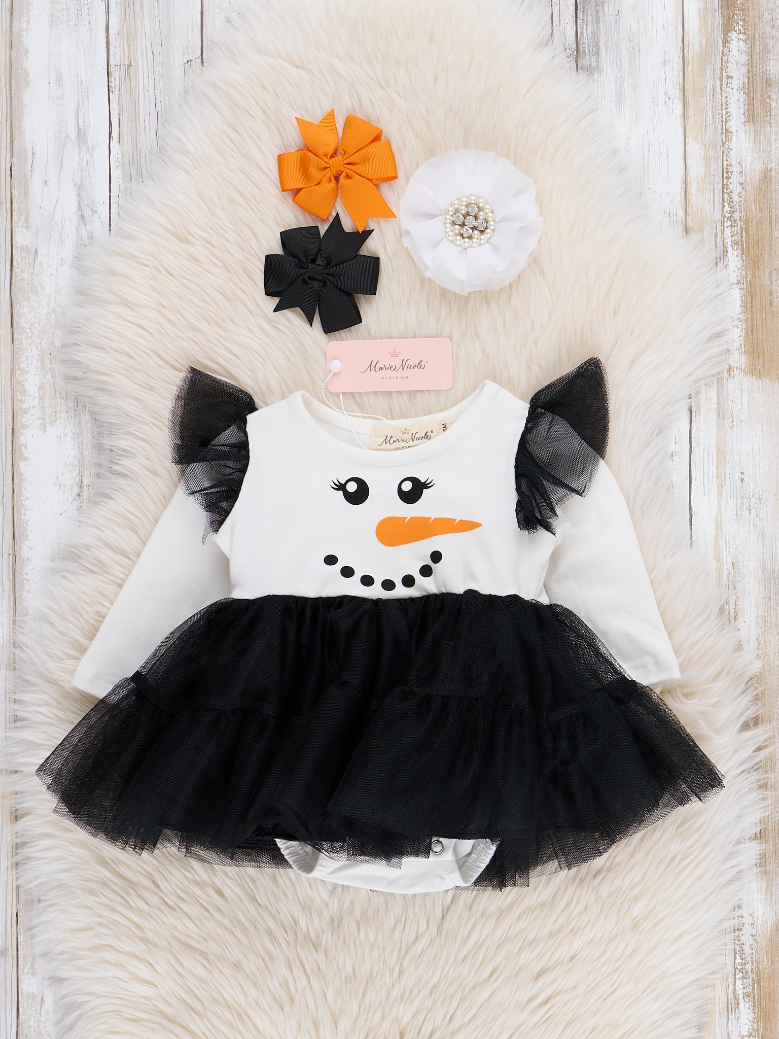 Black & White Snowman Tulle Bubble Romper - Marie Nicole Clothing