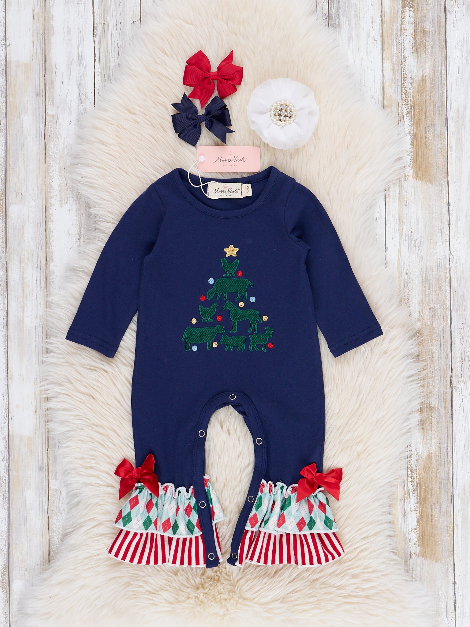 Navy & Red Stripe Embroidered Tree Ruffle Romper - Marie Nicole Clothing