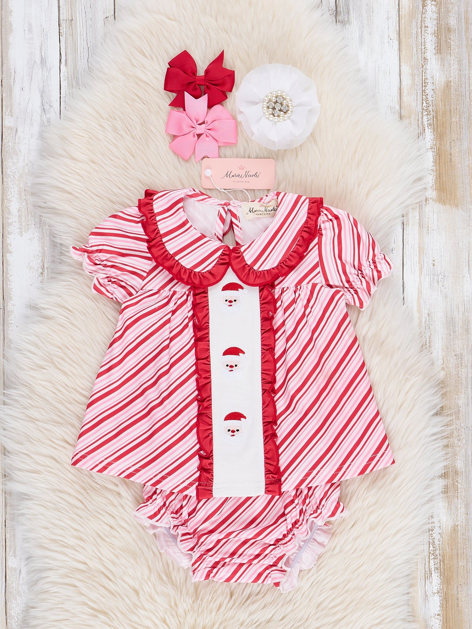 Candy Cane Stripe Embroidered Santa Bloomer Outfit - Marie Nicole Clothing