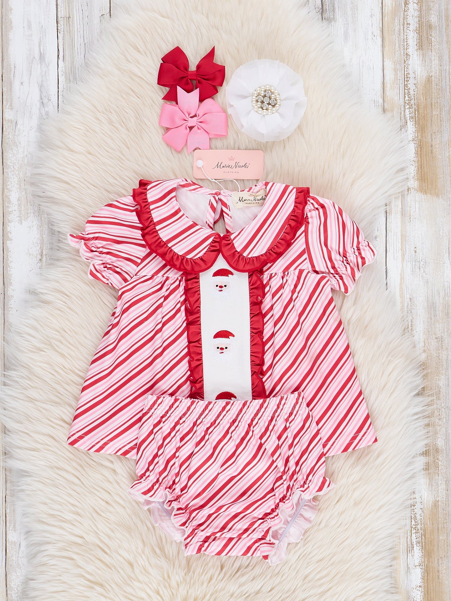 Candy Cane Stripe Embroidered Santa Bloomer Outfit - Marie Nicole Clothing