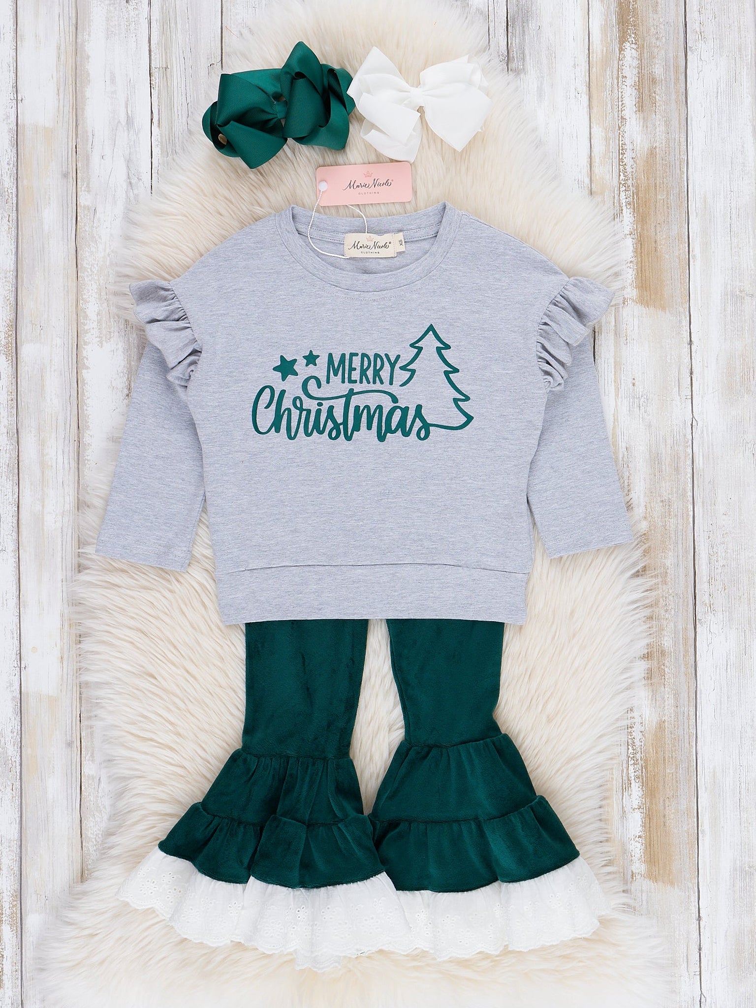 Emerald Merry Christmas Velvet Bell Bottom Outfit - Marie Nicole Clothing