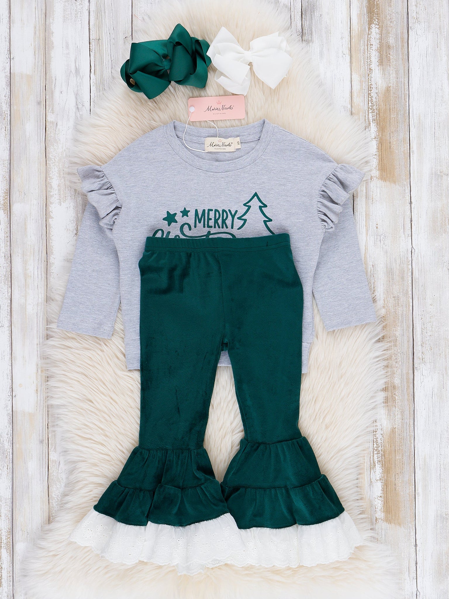 Emerald Merry Christmas Velvet Bell Bottom Outfit - Marie Nicole Clothing