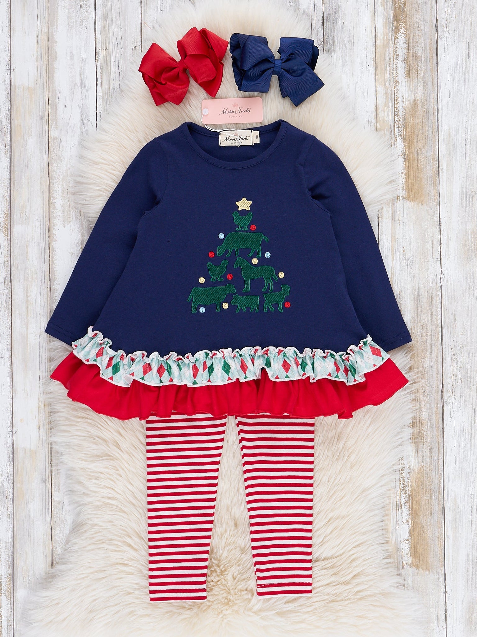 Navy & Red Stripe Embroidered Tree Ruffle Outfit - Marie Nicole Clothing