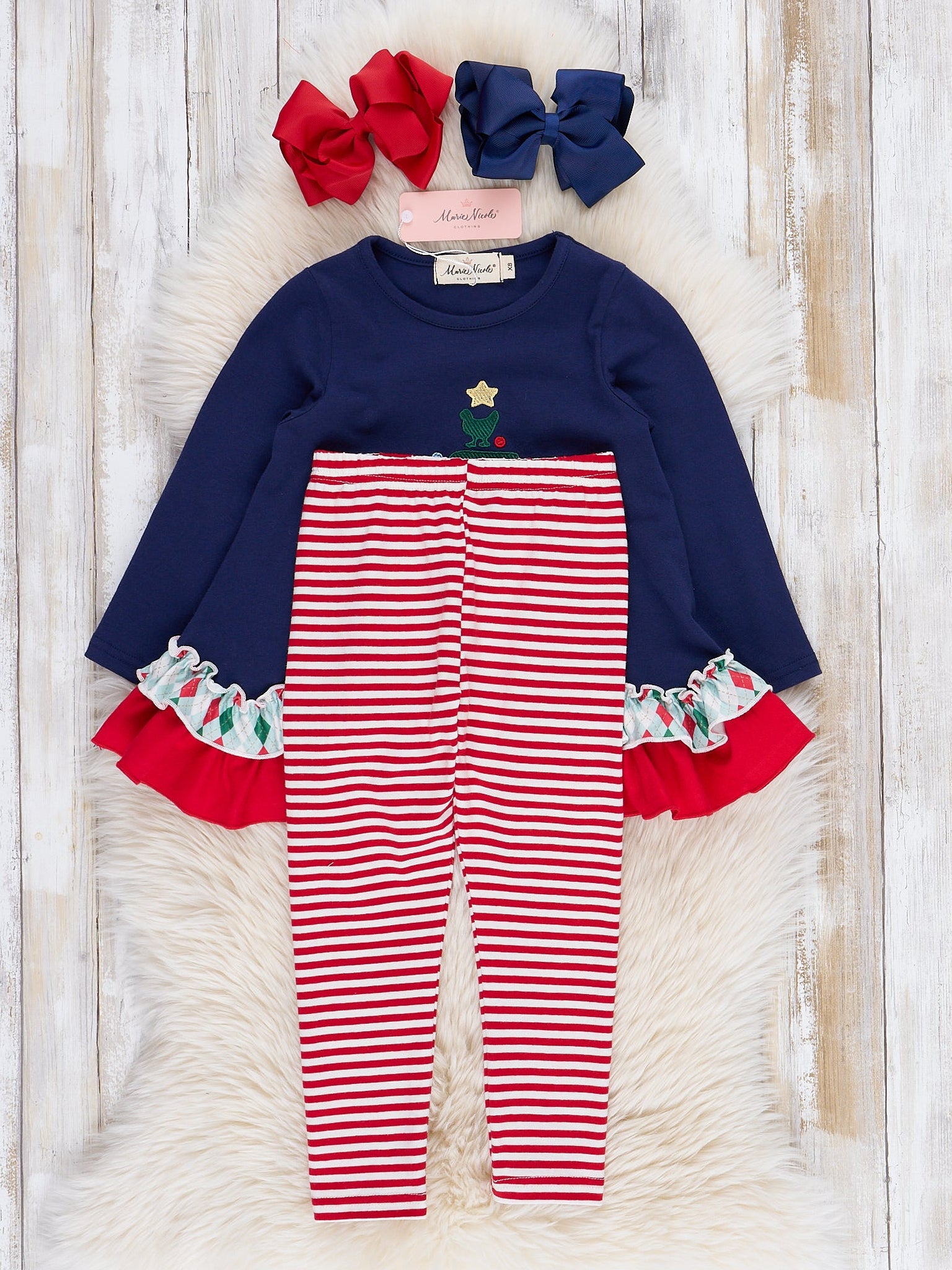 Navy & Red Stripe Embroidered Tree Ruffle Outfit - Marie Nicole Clothing