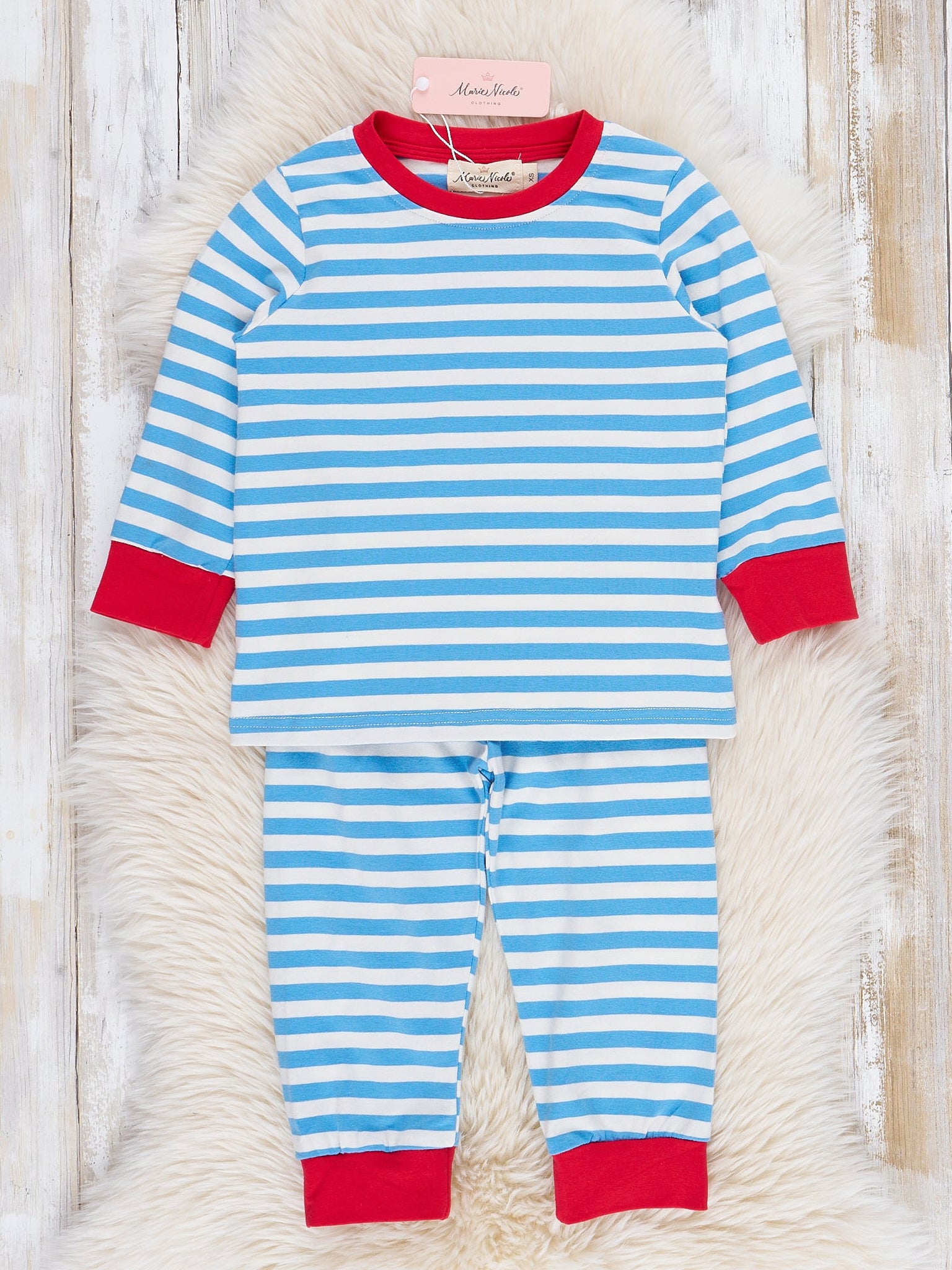 Blue Striped Embroidered Santa Cookies Pajamas - Marie Nicole Clothing