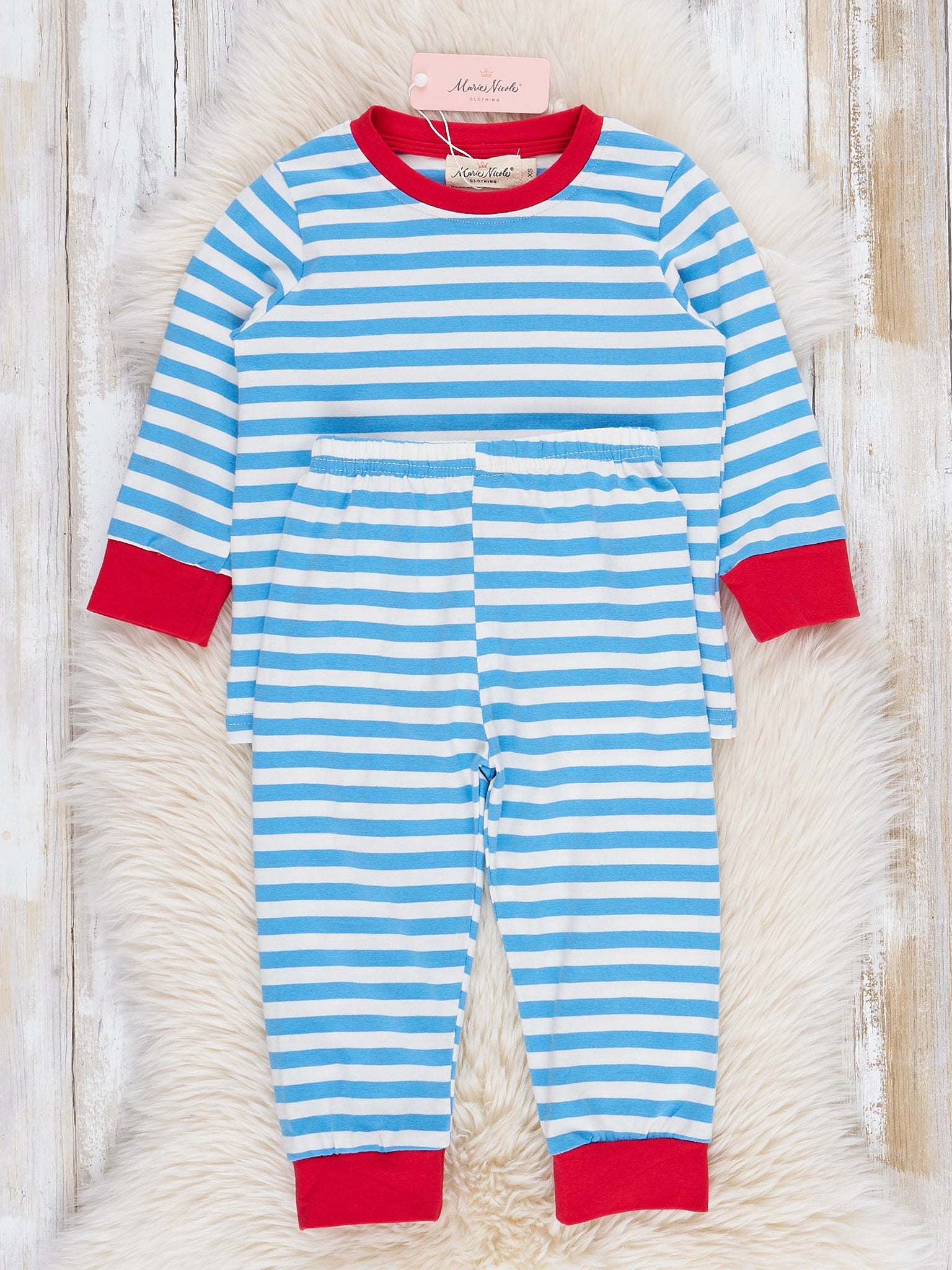 Blue Striped Embroidered Santa Cookies Pajamas - Marie Nicole Clothing