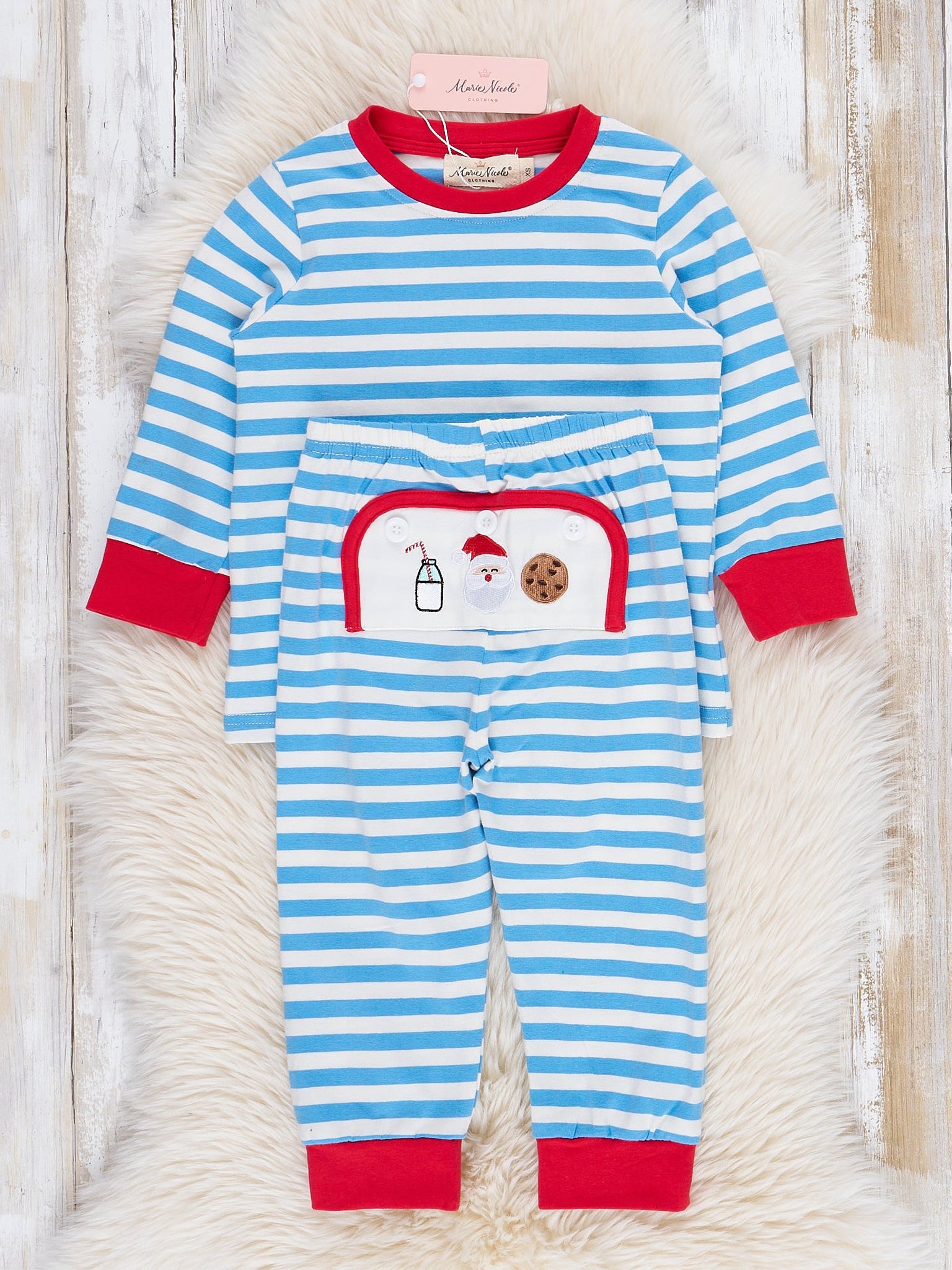 Blue Striped Embroidered Santa Cookies Pajamas - Marie Nicole Clothing