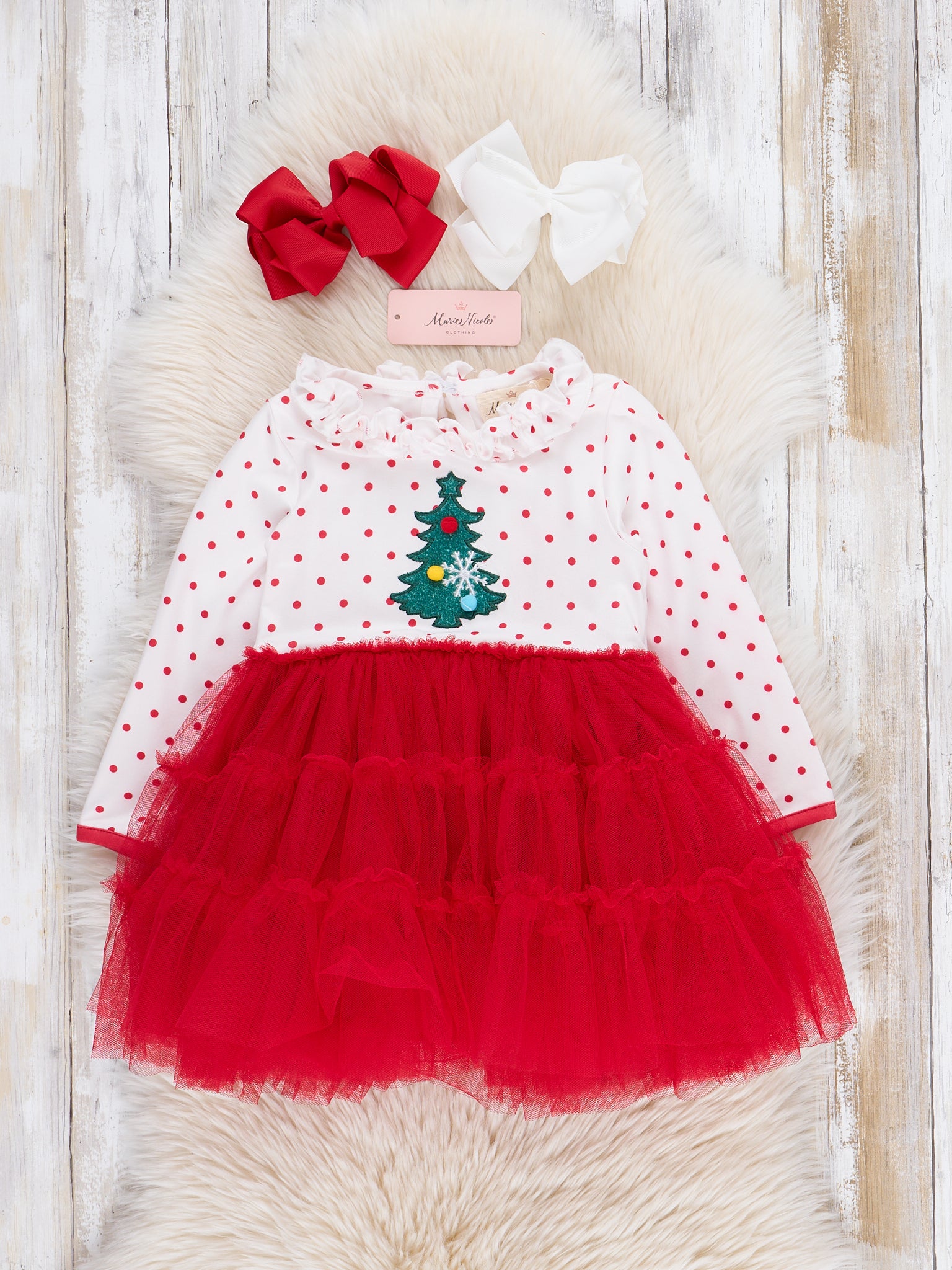 Red Embroidered Christmas Tree Tulle Dress - Marie Nicole Clothing