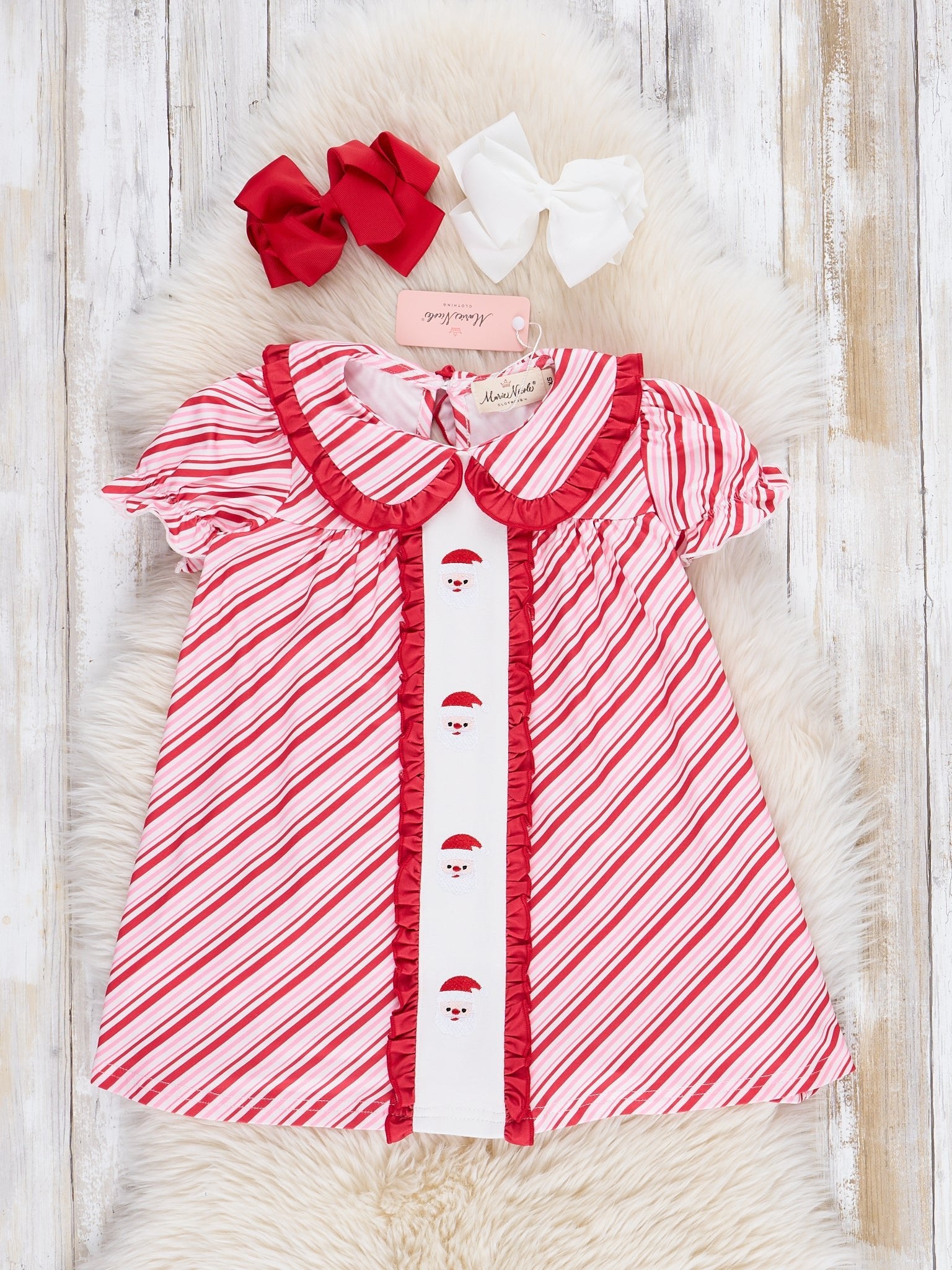 Candy Cane Stripe Embroidered Santa Ruffle Dress - Marie Nicole Clothing