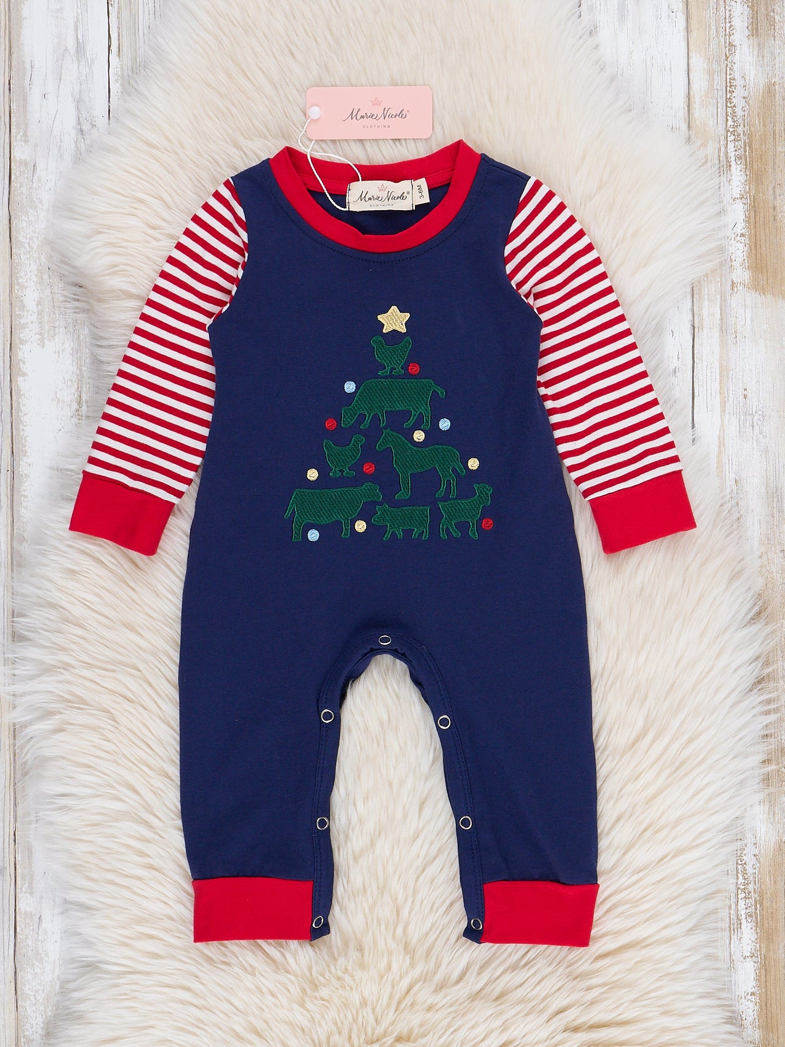 Navy & Red Stripe Embroidered Tree Romper - Marie Nicole Clothing
