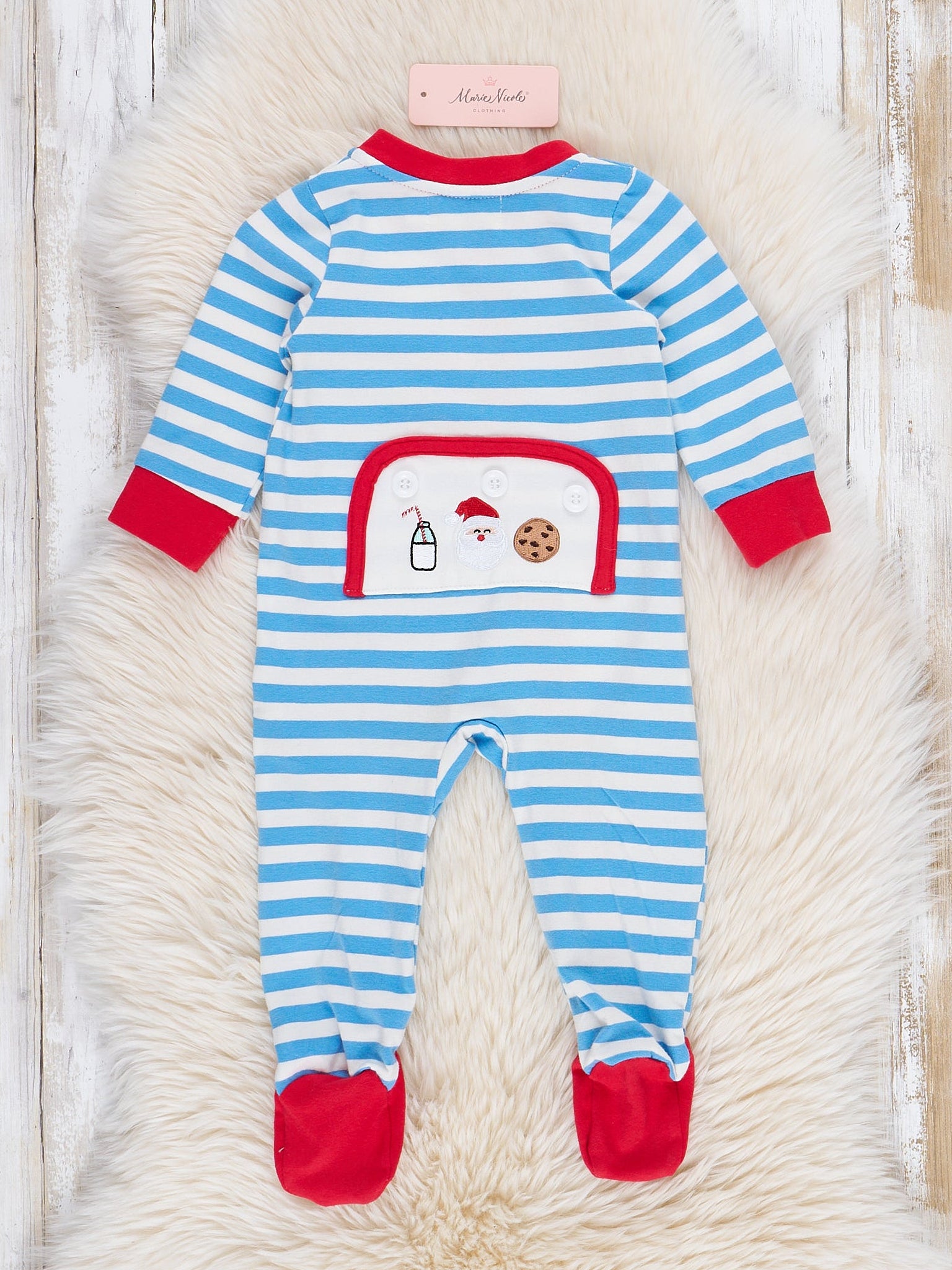 Blue Striped Embroidered Santa Cookies Footed Sleeper Pajamas - Marie Nicole Clothing
