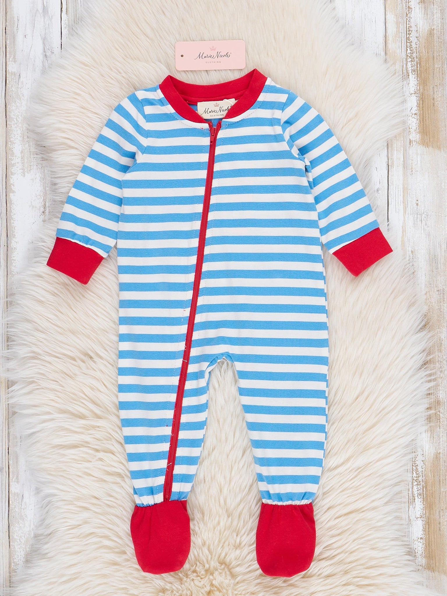 Blue Striped Embroidered Santa Cookies Footed Sleeper Pajamas - Marie Nicole Clothing