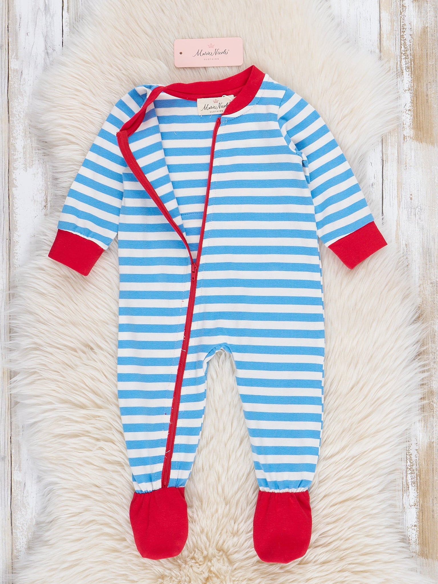 Blue Striped Embroidered Santa Cookies Footed Sleeper Pajamas - Marie Nicole Clothing