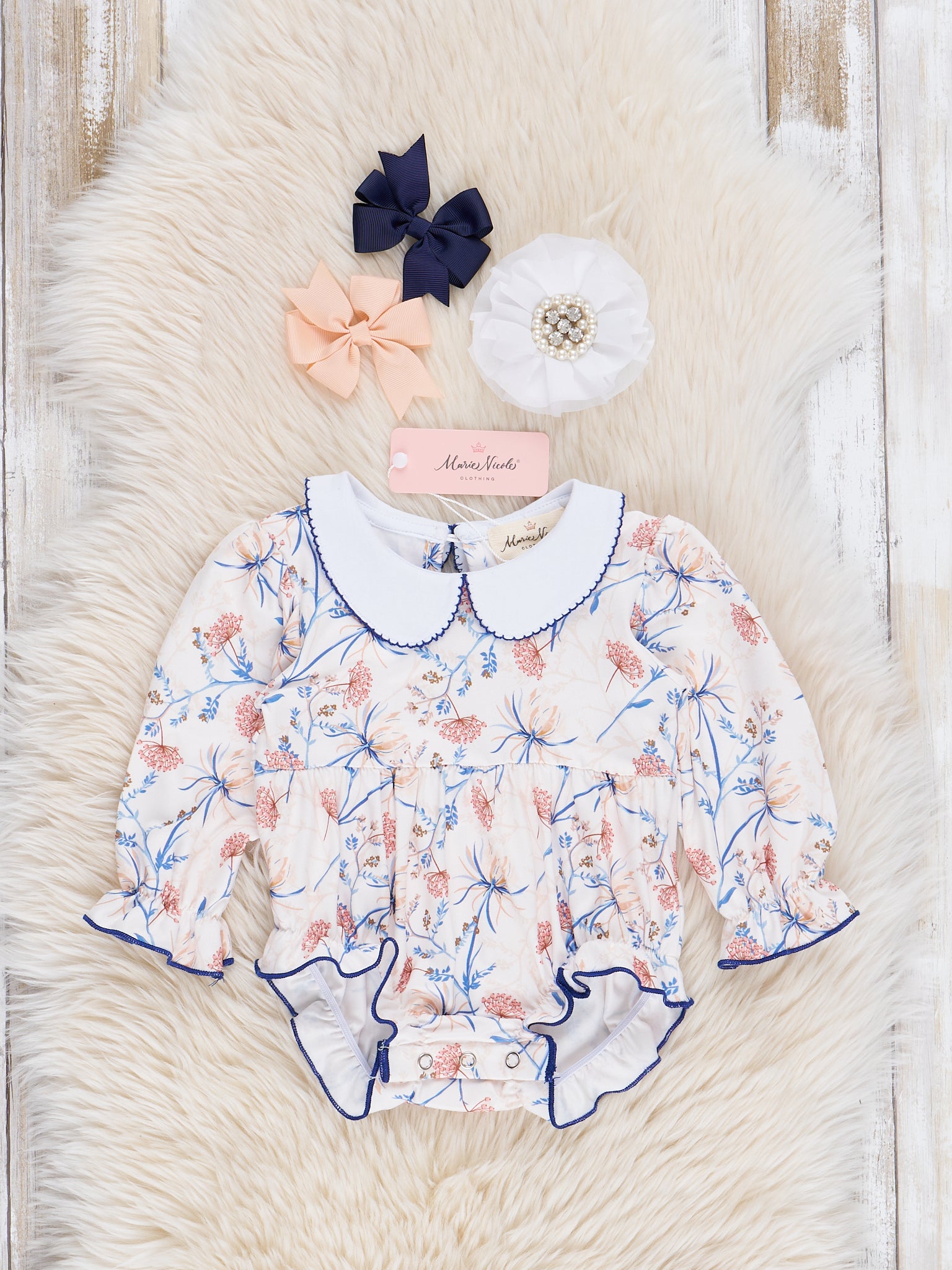 Cream & Blue Wistful Blooms Bubble Romper - Marie Nicole Clothing