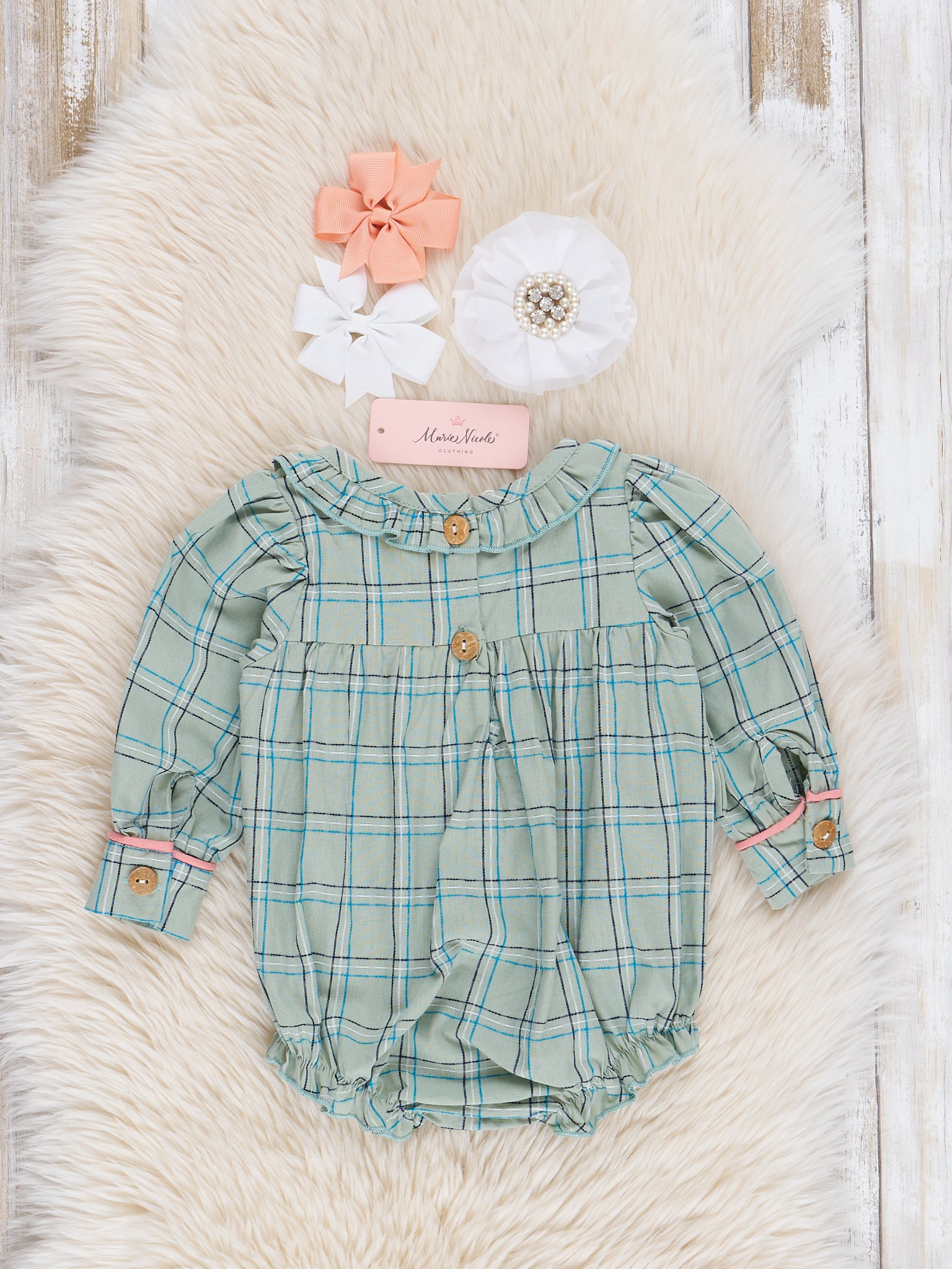 Mint Plaid Embroidered Cow Bubble Romper - Marie Nicole Clothing