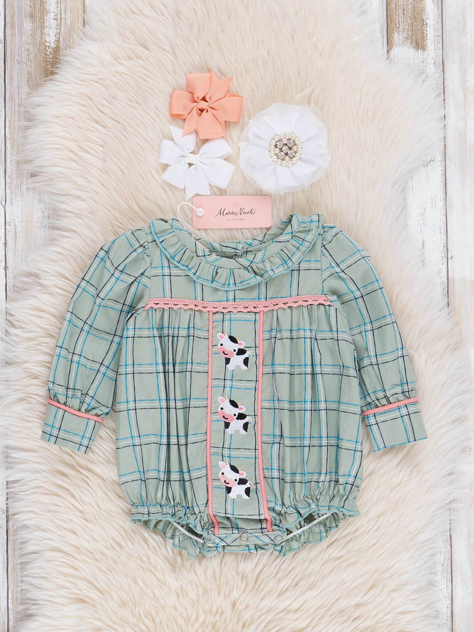 Mint Plaid Embroidered Cow Bubble Romper - Marie Nicole Clothing