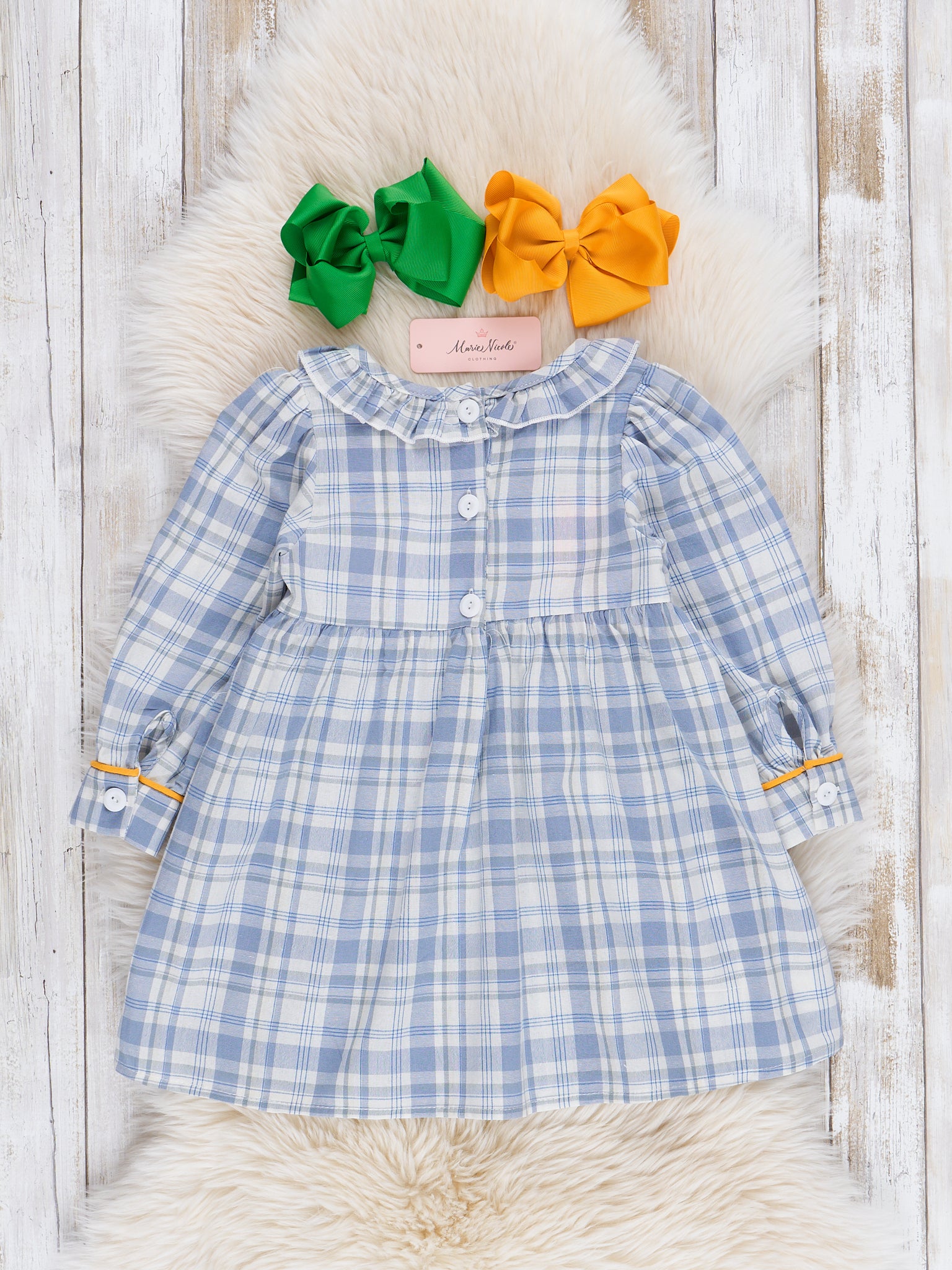 Blue Plaid Smocked Sunflower Dress - Marie Nicole Clothing