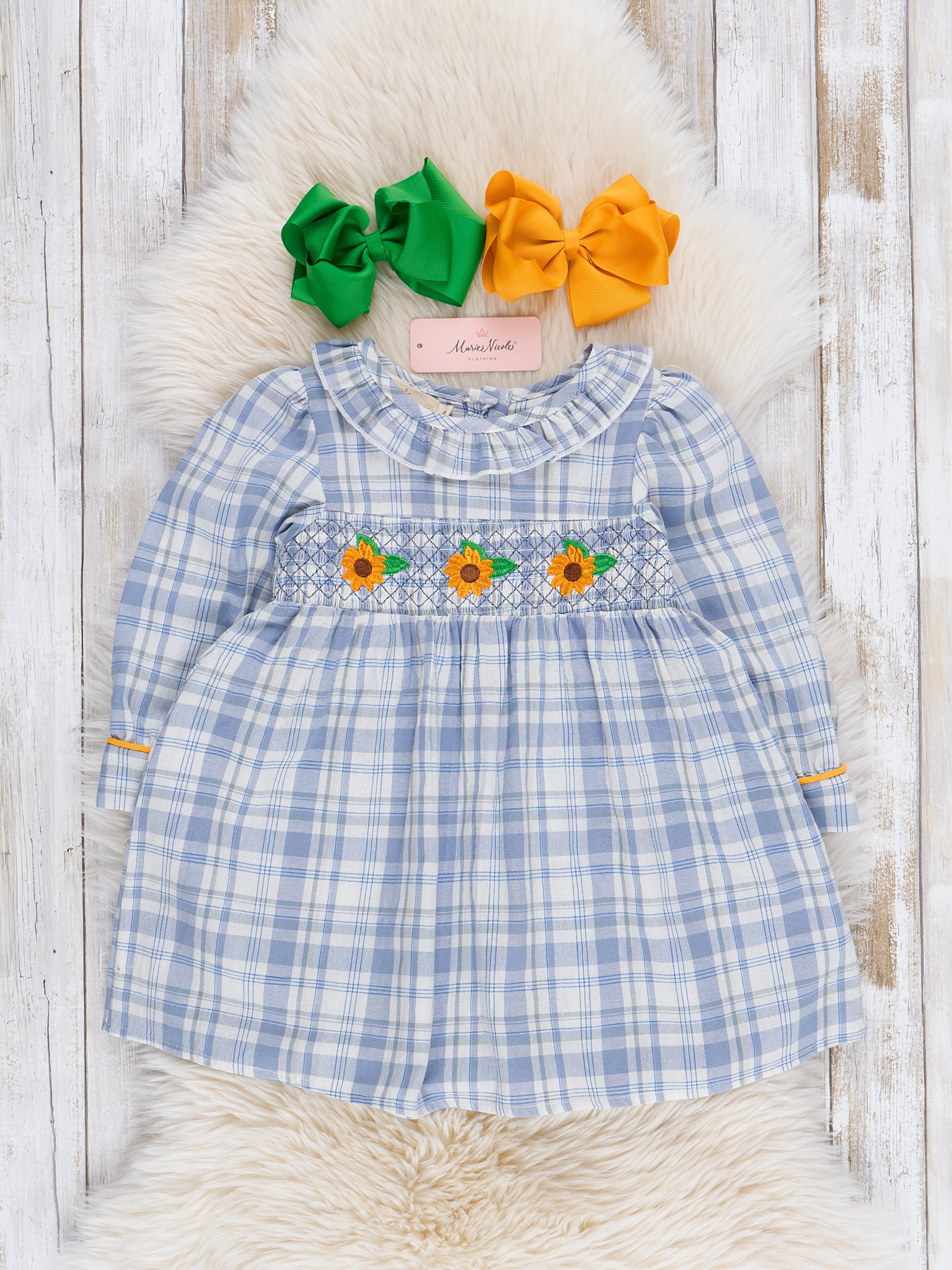 Blue Plaid Smocked Sunflower Dress - Marie Nicole Clothing