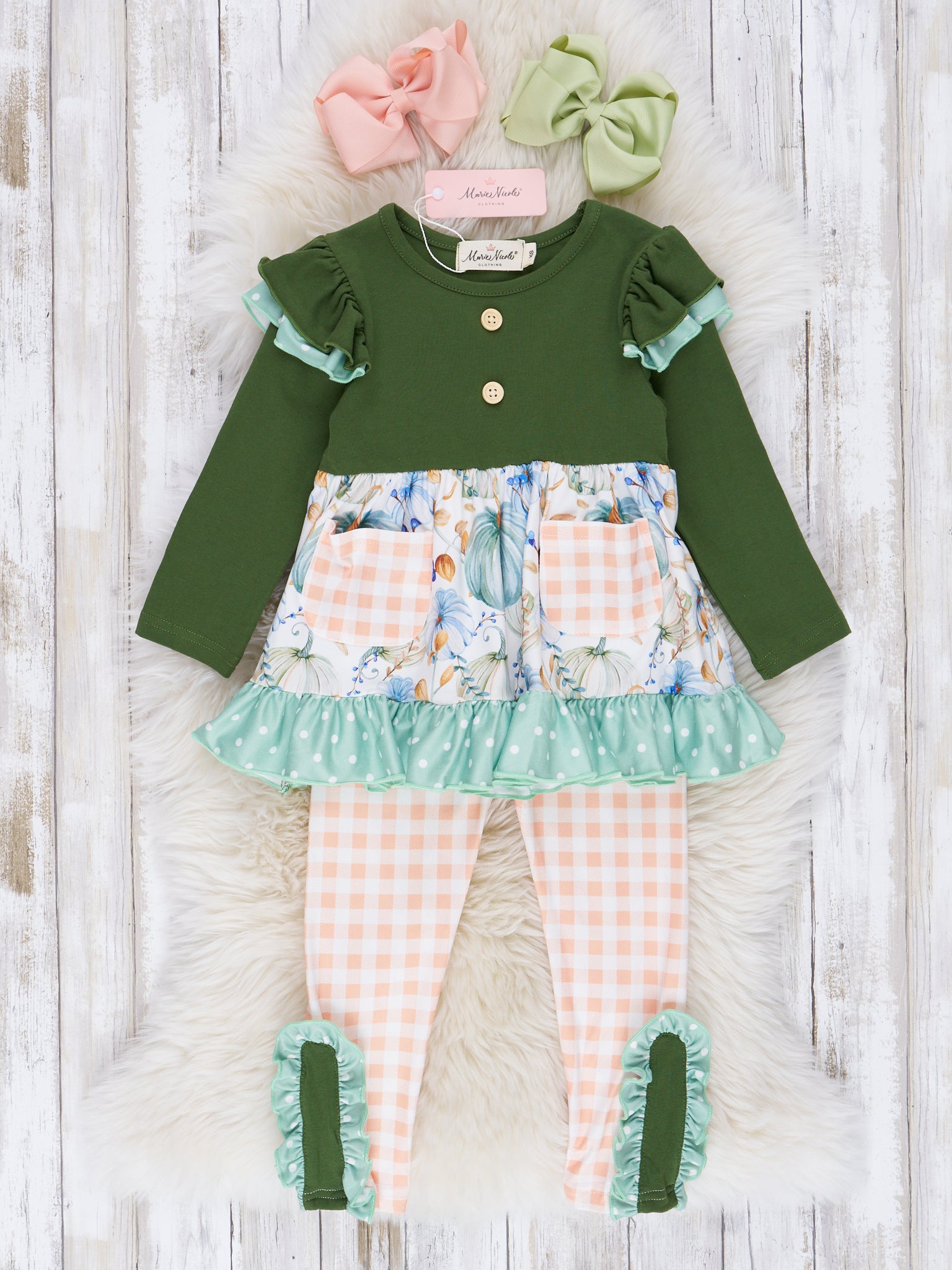 Hunter Green Pumpkins Ruffle Outfit - Marie Nicole Clothing