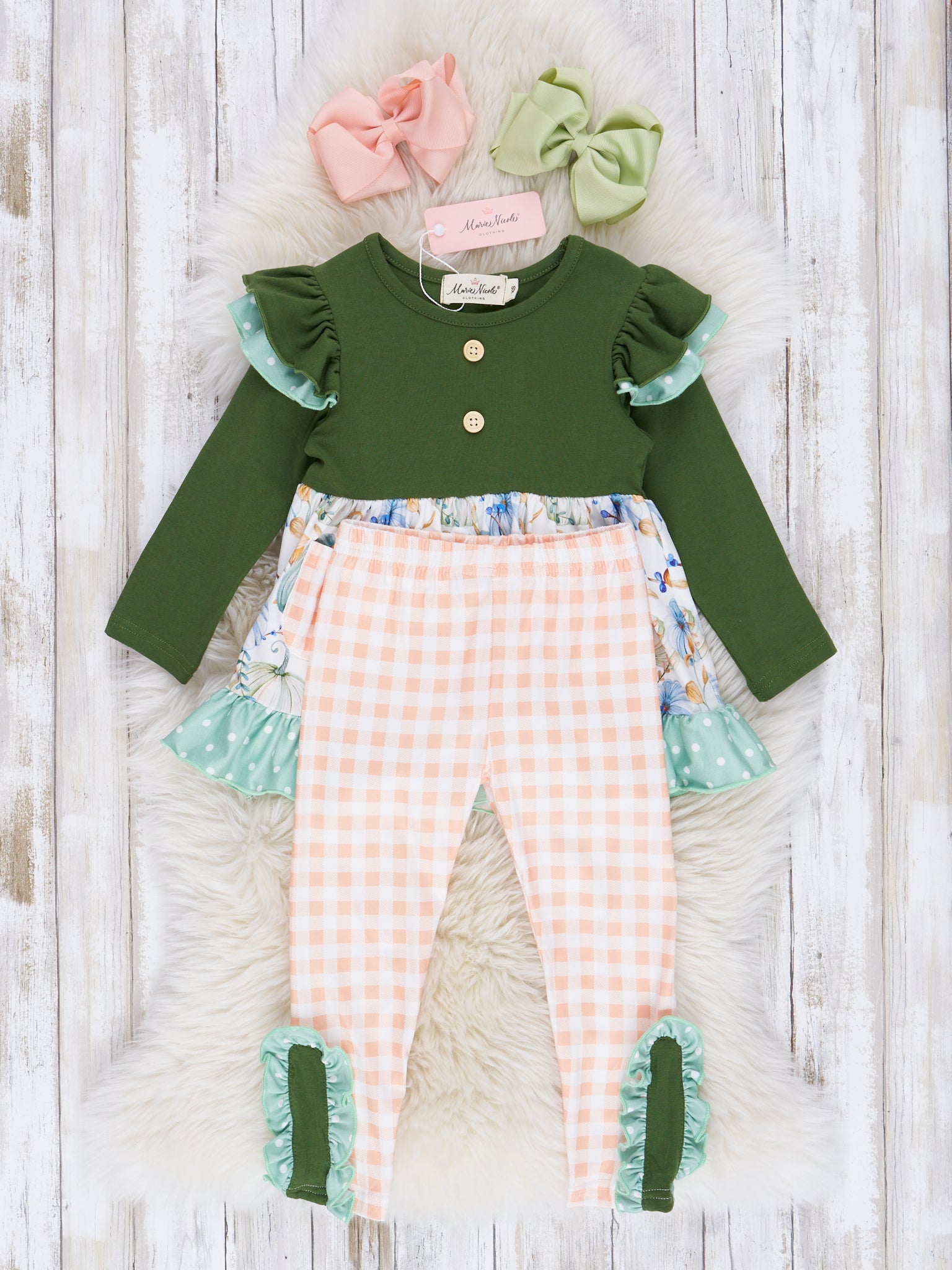 Hunter Green Pumpkins Ruffle Outfit - Marie Nicole Clothing