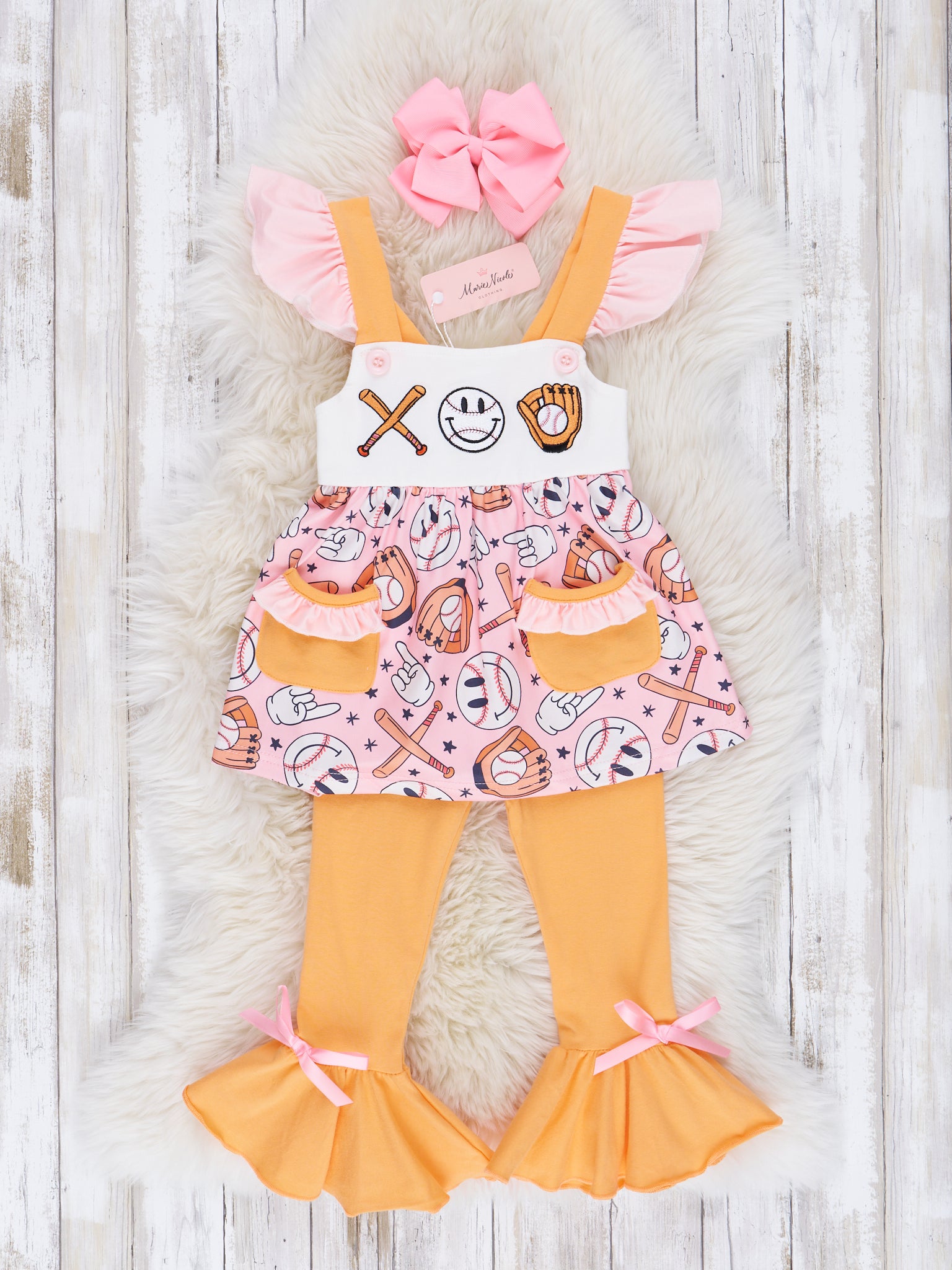 Pink & Butterscotch Baseball Ruffle Outfit - Marie Nicole Clothing